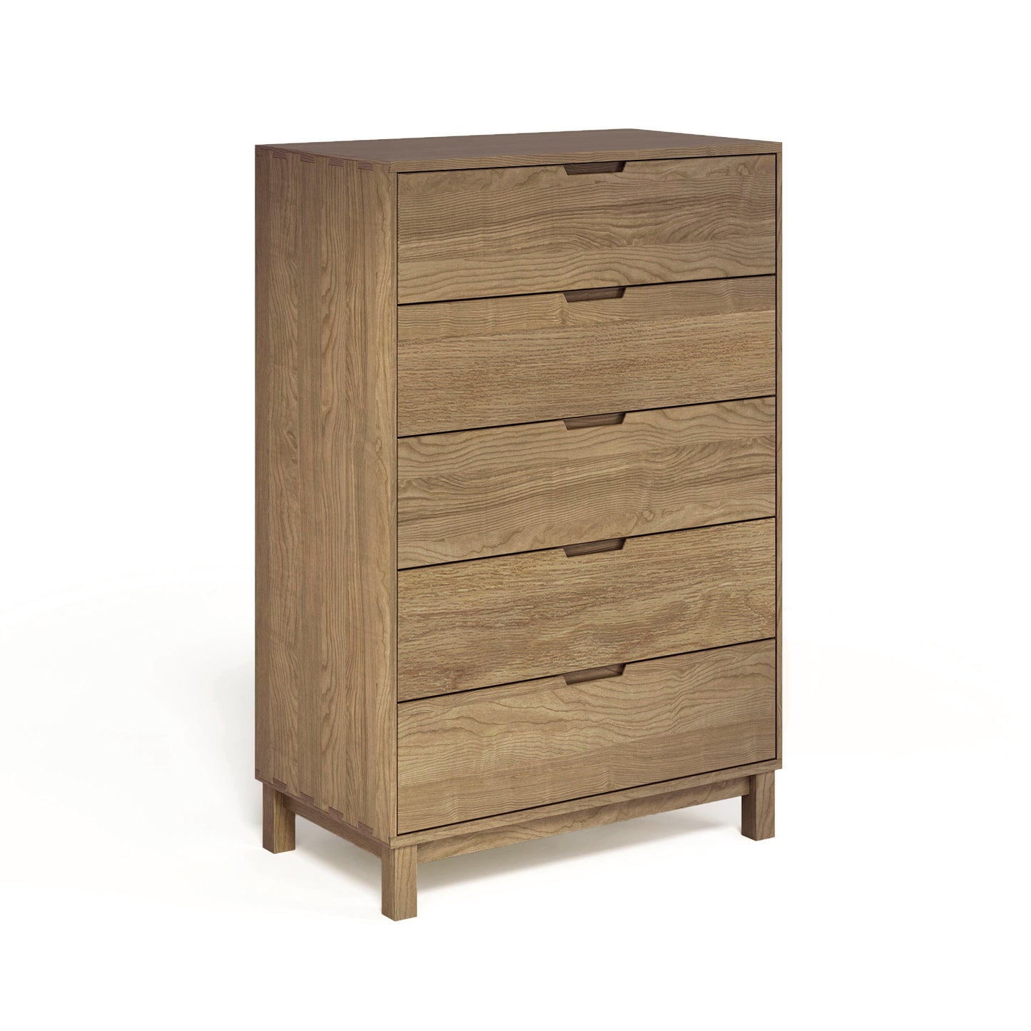 A solid oak hardwood Oslo 5-Drawer Wide Chest from the Copeland Furniture Collection on a white background.