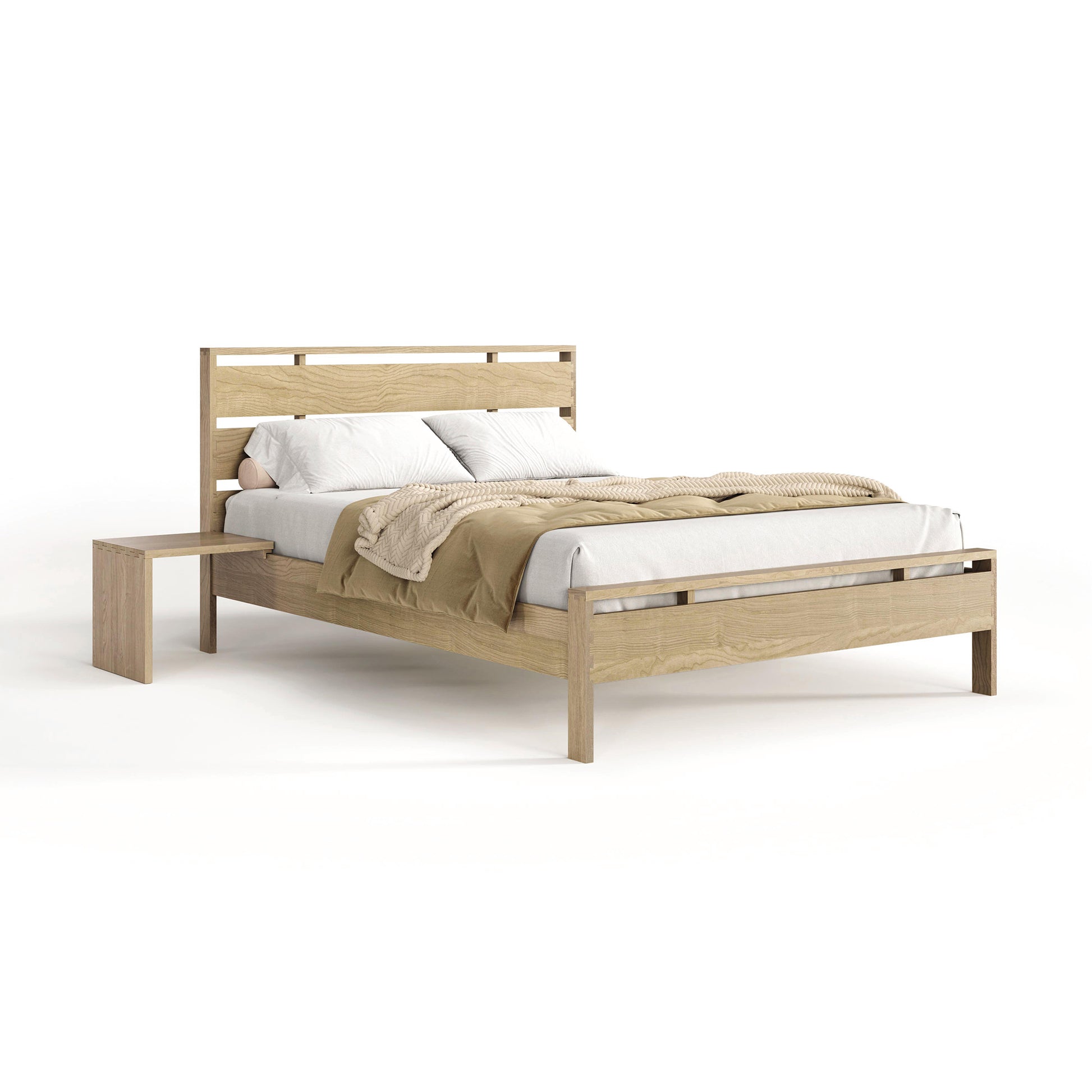An Oslo Platform Bed by Copeland Furniture, crafted from solid oak hardwood, with an attached nightstand, showcasing a neutral-toned bedding set.
