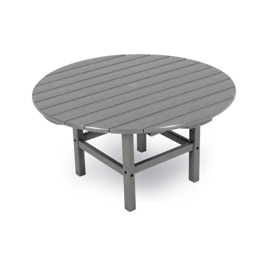 A round, gray POLYWOOD Outdoor 38" Conversation Table made from synthetic planks, supported by a sturdy, x-shaped metal base, isolated on a white background.