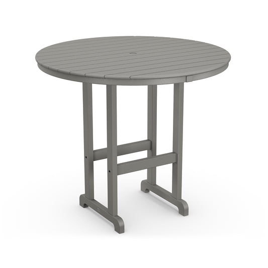 A round, grey POLYWOOD Outdoor 48" Round Bar Table with a slatted top and a sturdy, metal frame. The table has a central support with four legs extending from the base, isolated on a white