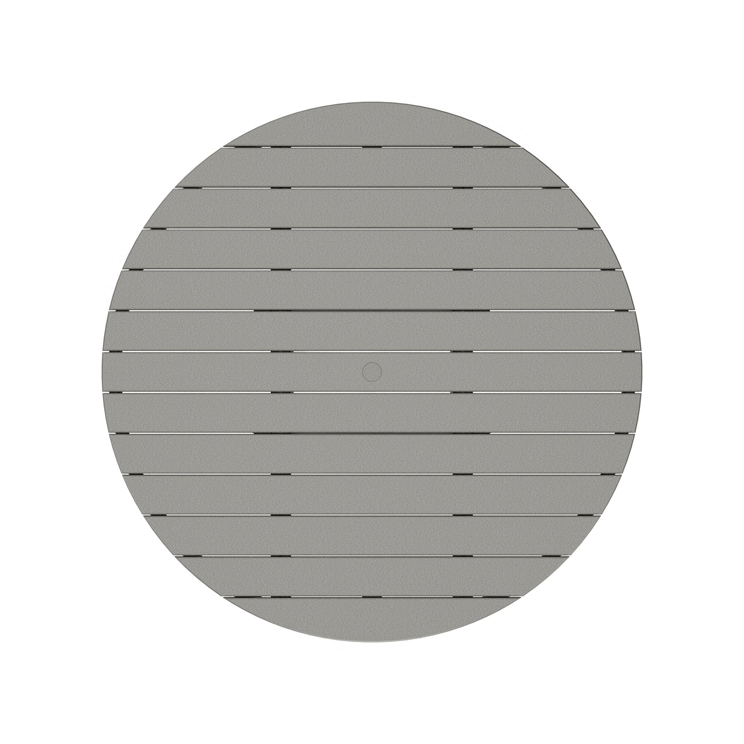 Round, flat, gray POLYWOOD® Outdoor 48" Round Bar Table surface featuring uniformly arranged elongated slots, likely made of metal, with a central circular depression; viewed directly from above.