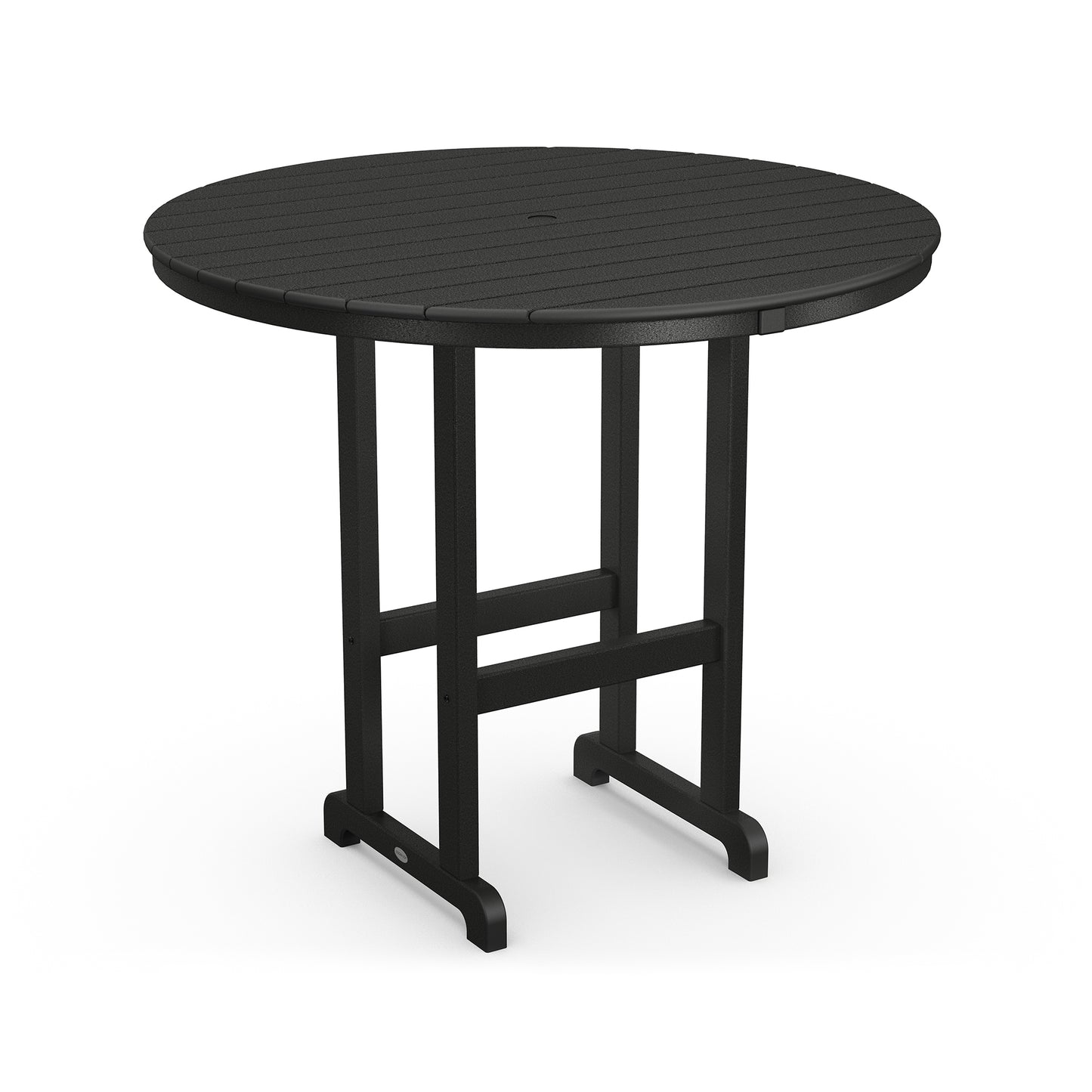 A round, black POLYWOOD® Outdoor 48" Round Bar Table with a ribbed surface and a four-legged base, each ending in a horizontal foot, isolated on a white background.