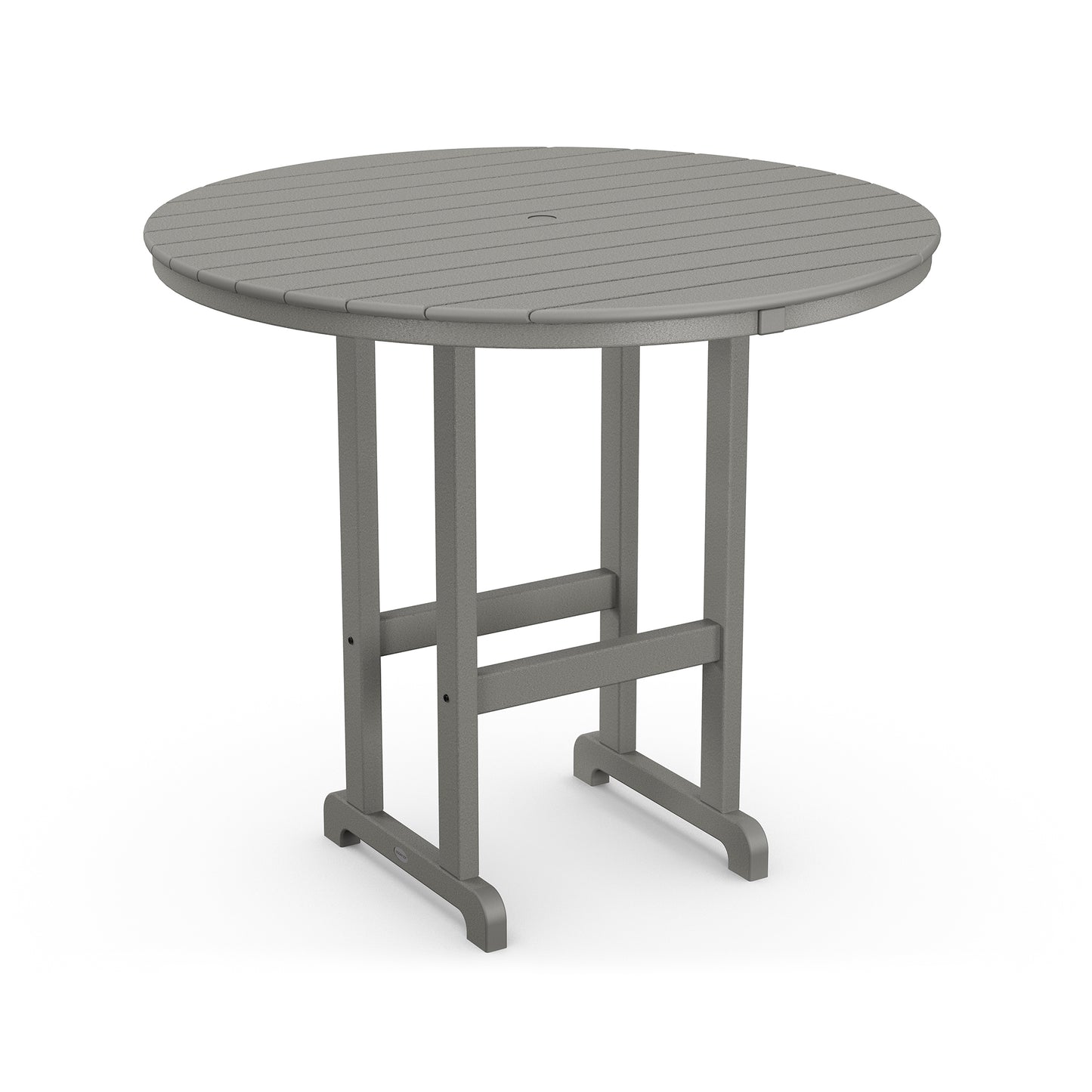 A round, gray POLYWOOD® Outdoor 48" Round Bar Table with a slatted top and sturdy metal frame, isolated on a white background.