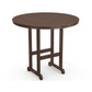 A round, brown POLYWOOD® outdoor 48" Round Bar Table with a slatted top and a sturdy base, isolated on a white background.