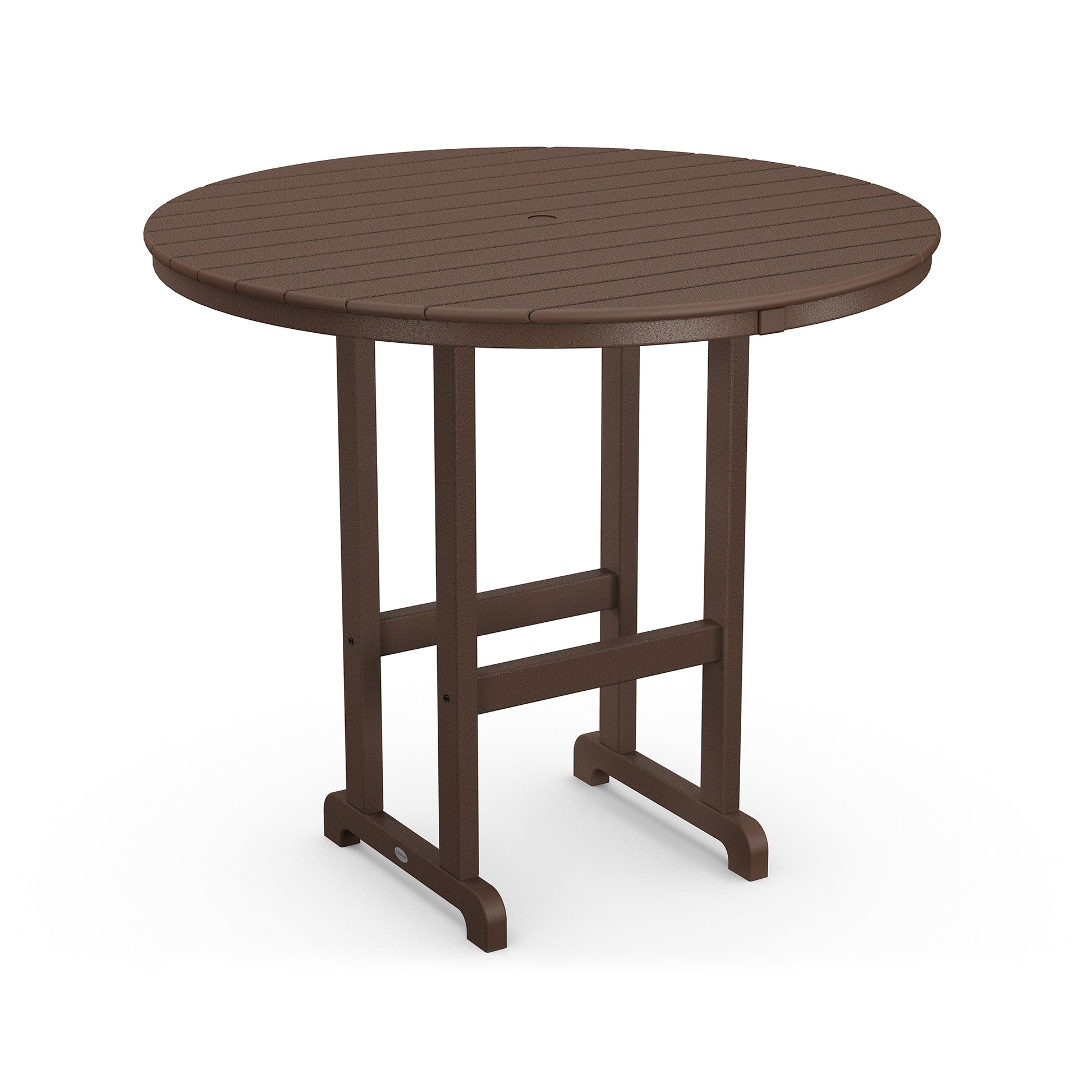 A round, brown POLYWOOD® outdoor 48" Round Bar Table with a slatted top and a sturdy base, isolated on a white background.