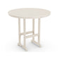 A round, beige outdoor table made of slatted POLYWOOD®, featuring a simple, sturdy design with a pedestal base and a flat top, isolated on a white background.