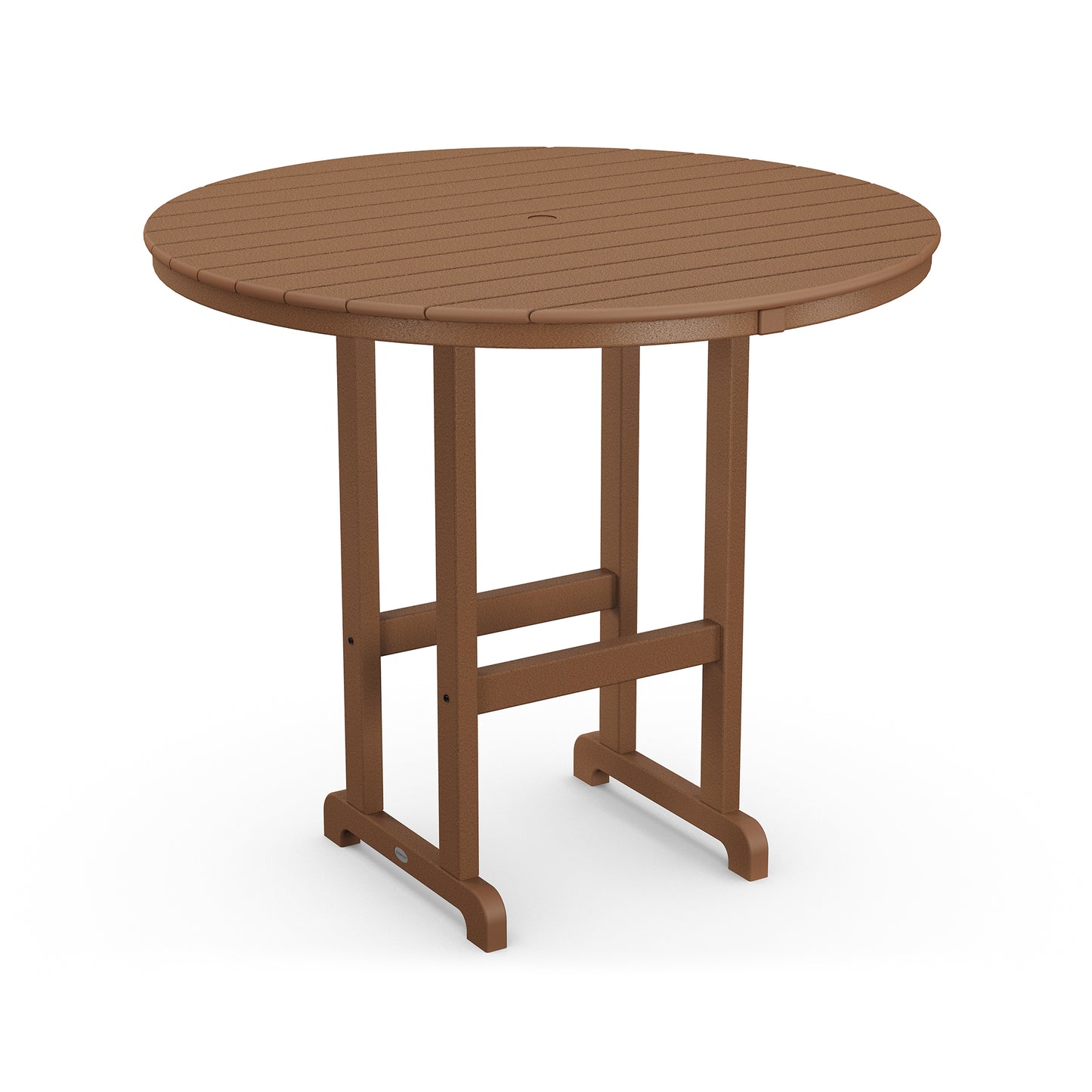 Round brown POLYWOOD® Outdoor 48" Round Bar Table with a slatted top and sturdy legs designed for stability, isolated on a white background.