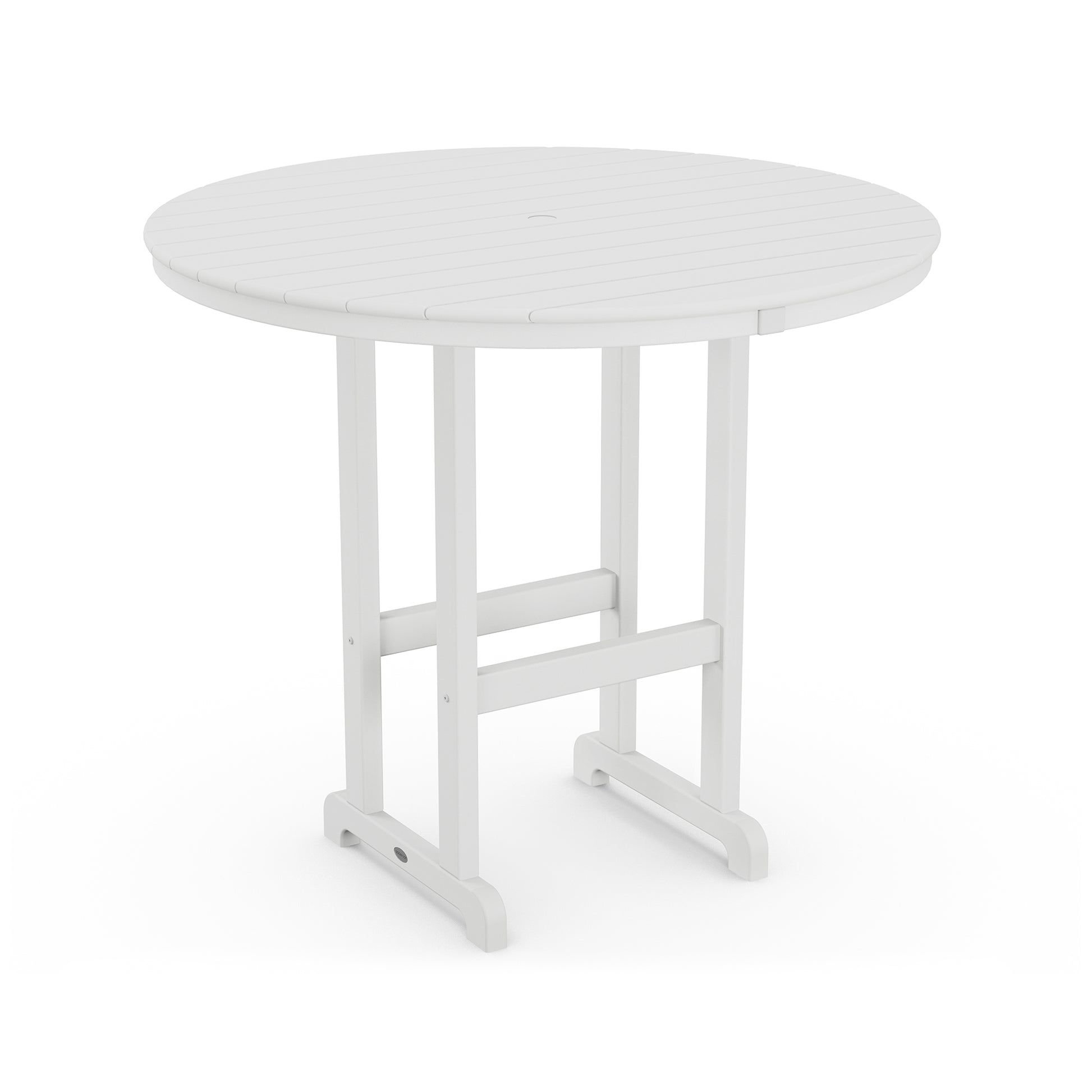 A round, white POLYWOOD® outdoor table on a white backdrop, featuring a simple, clean design with a central pedestal and horizontal base support.