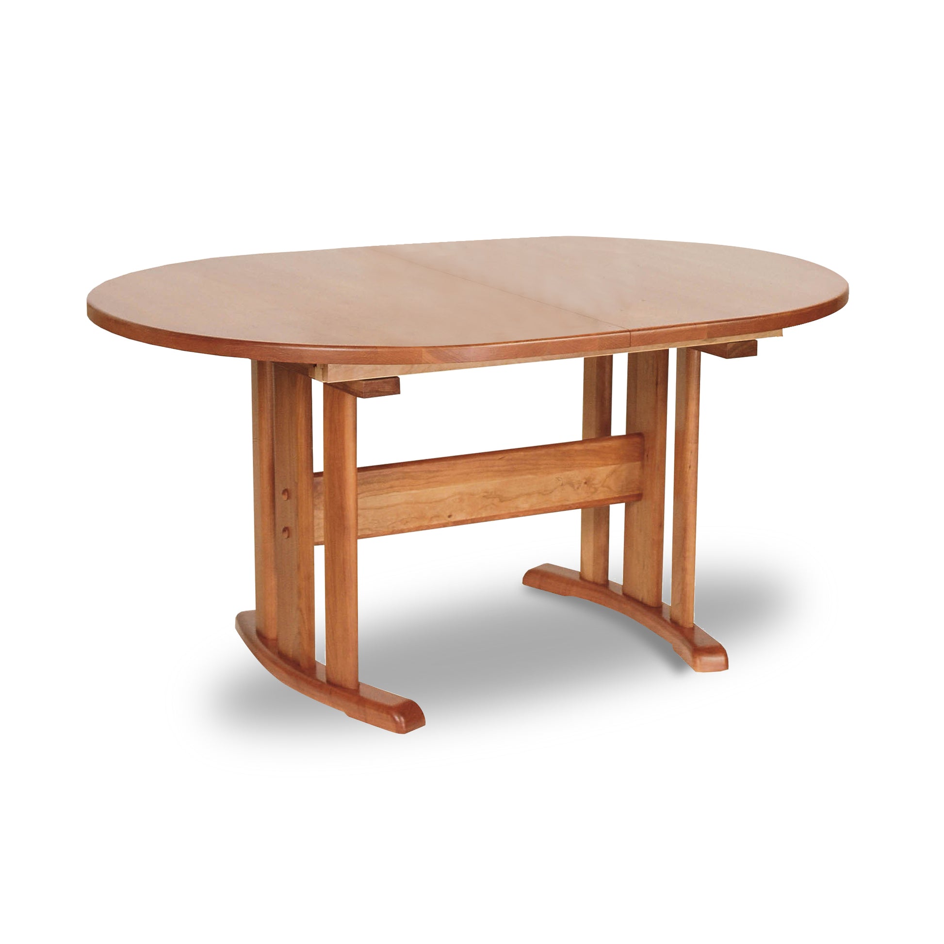 A Lyndon Furniture Oval Trestle Extension Table #1 with a wooden top and legs.
