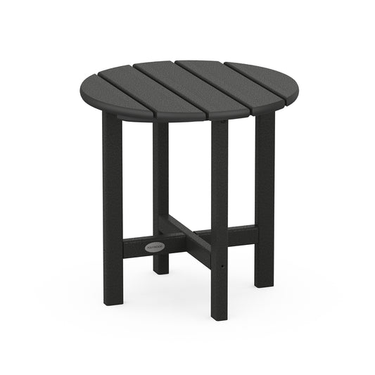 POLYWOOD 18" Round Side Table featuring a sleek black slatted top with robust legs, showcasing a contemporary design ideal for durable outdoor use.