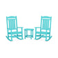 Two turquoise POLYWOOD® Presidential Outdoor Rocking Chair 3-Piece Sets facing each other with a small matching stool in between, positioned on a plain white background.