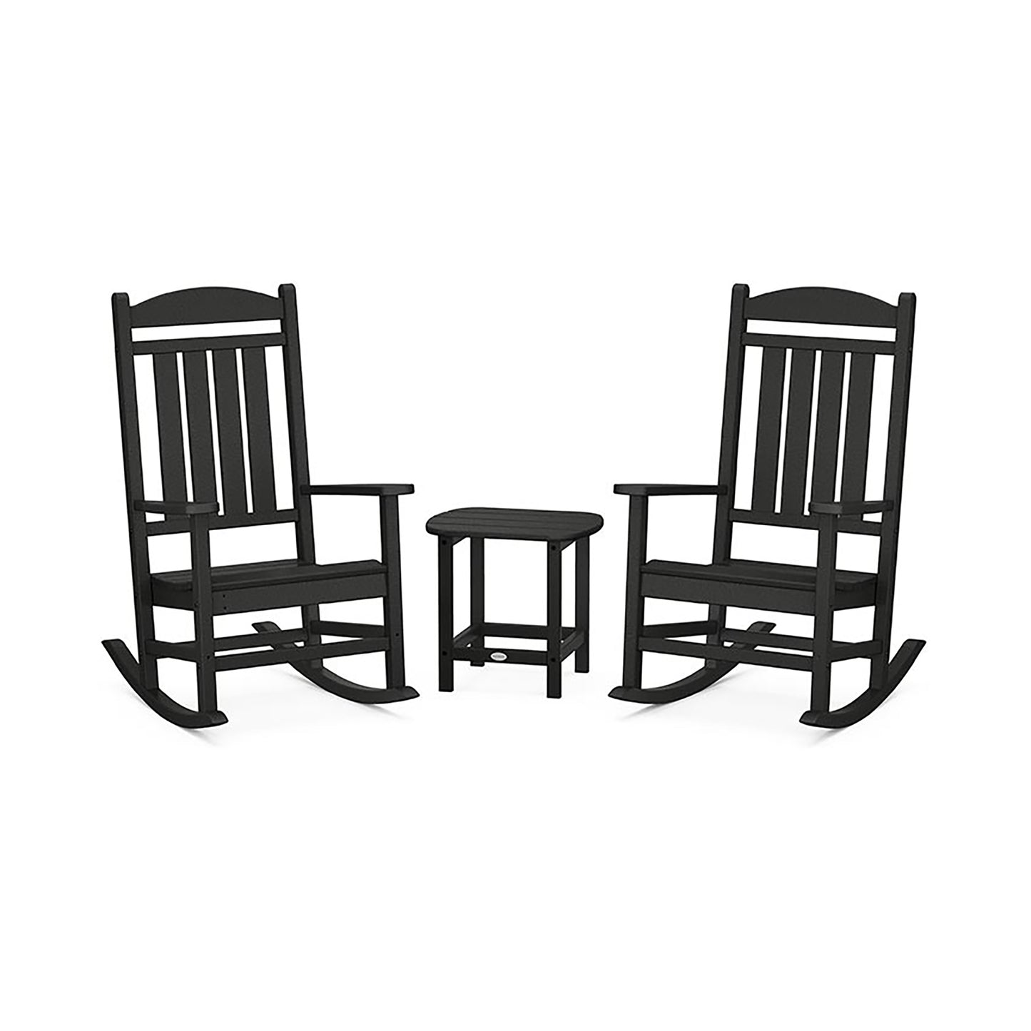 Two black POLYWOOD Presidential Outdoor Rocking Chair 3-Piece Sets, facing each other with a small matching stool between them, set against a white background.