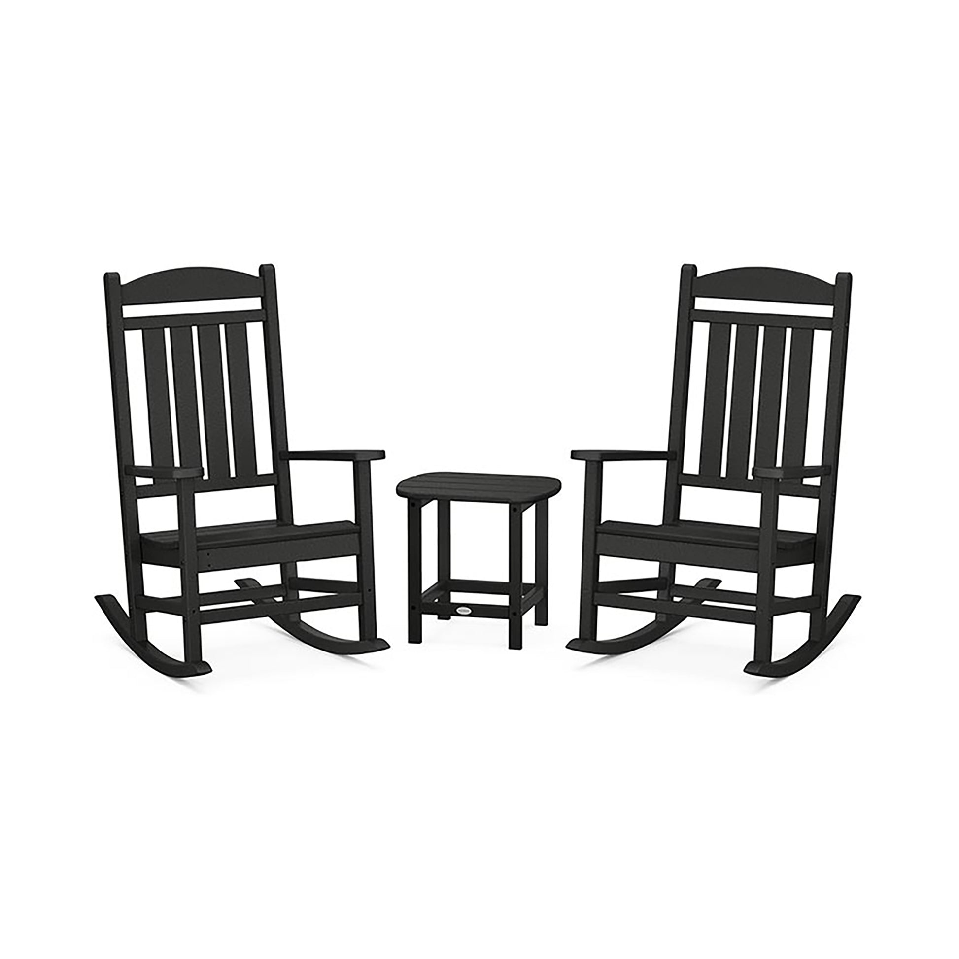 Two black POLYWOOD Presidential Outdoor Rocking Chair 3-Piece Sets, facing each other with a small matching stool between them, set against a white background.