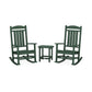 Two dark green POLYWOOD® Presidential Outdoor Rocking Chairs facing each other with a small matching stool in between, set against a plain white background.