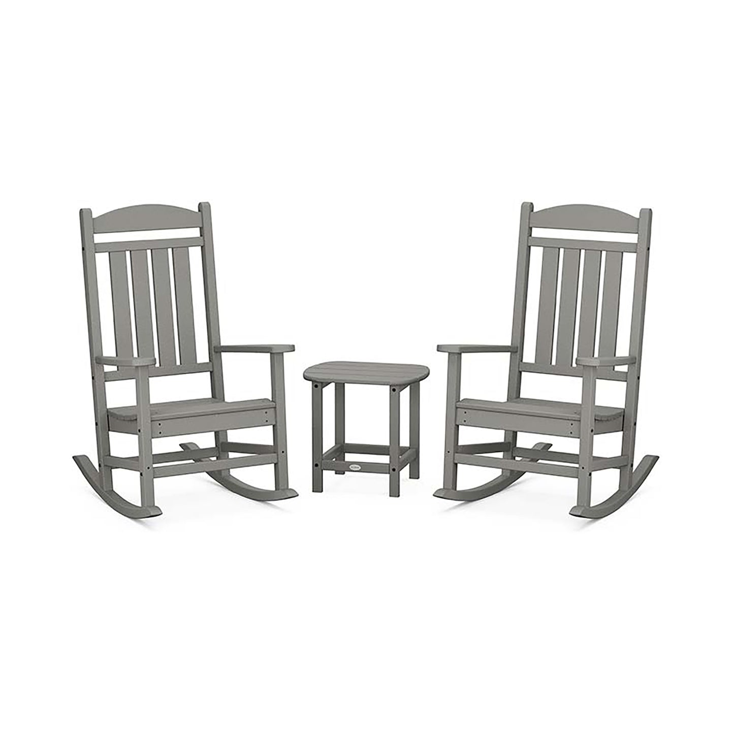 Two gray POLYWOOD Presidential Outdoor Rocking Chair 3-Piece Sets facing each other with a small round table in between, set against a plain white background.