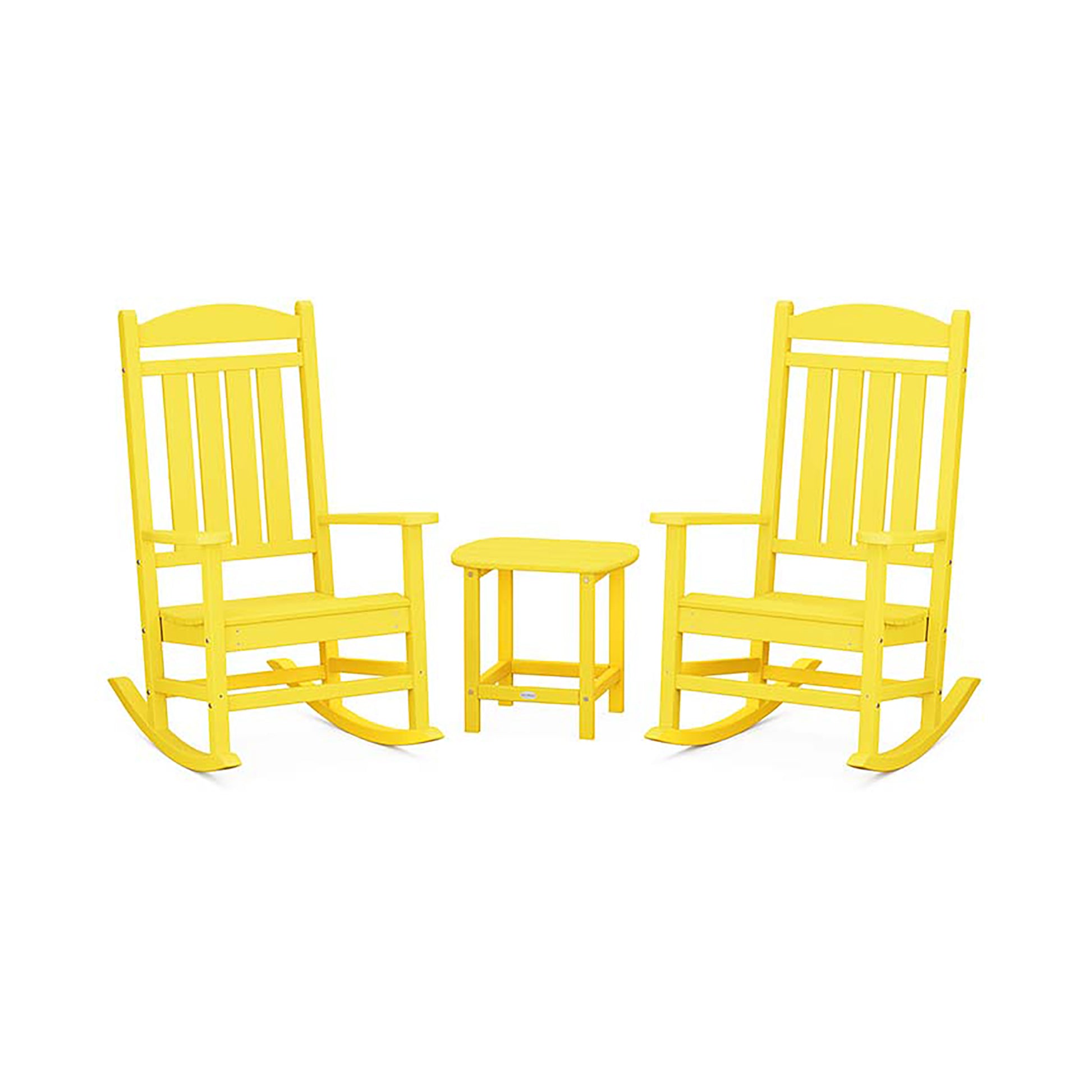 Two bright yellow POLYWOOD Presidential Outdoor Rocking Chairs facing each other with a small round table between them, set against a solid white background.