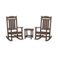 Two brown POLYWOOD Presidential Outdoor Rocking Chairs facing each other with a small round stool placed between them on a light background.