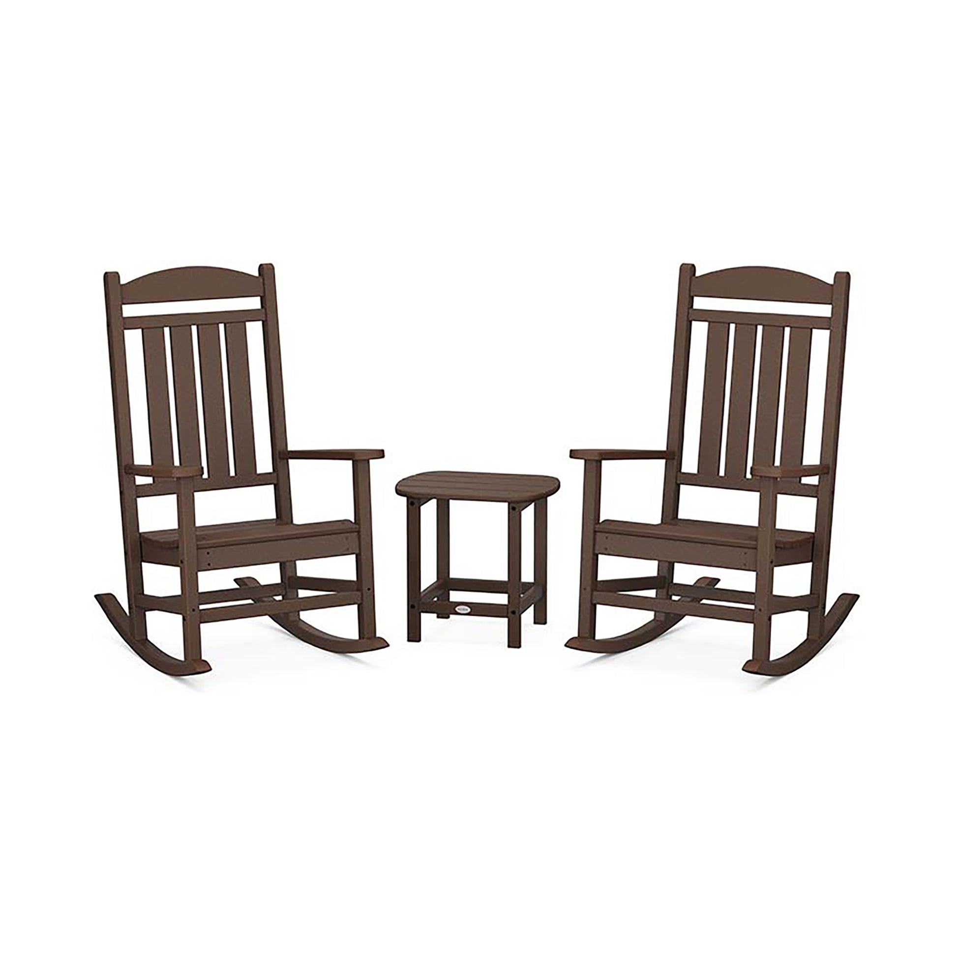 Two brown POLYWOOD Presidential Outdoor Rocking Chairs facing each other with a small round stool placed between them on a light background.