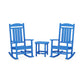 Two bright blue POLYWOOD Presidential Outdoor Rocking Chairs facing each other with a small matching stool in between, all set against a plain white background.