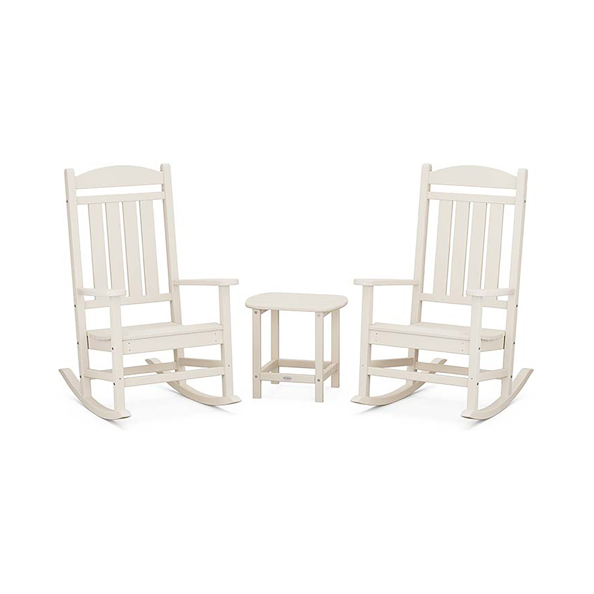 Two white POLYWOOD Presidential Outdoor Rocking Chairs and a small round stool set against a plain white background.