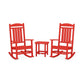 Two red POLYWOOD Presidential Outdoor Rocking Chairs facing each other with a small red stool in between, set against a plain white background.