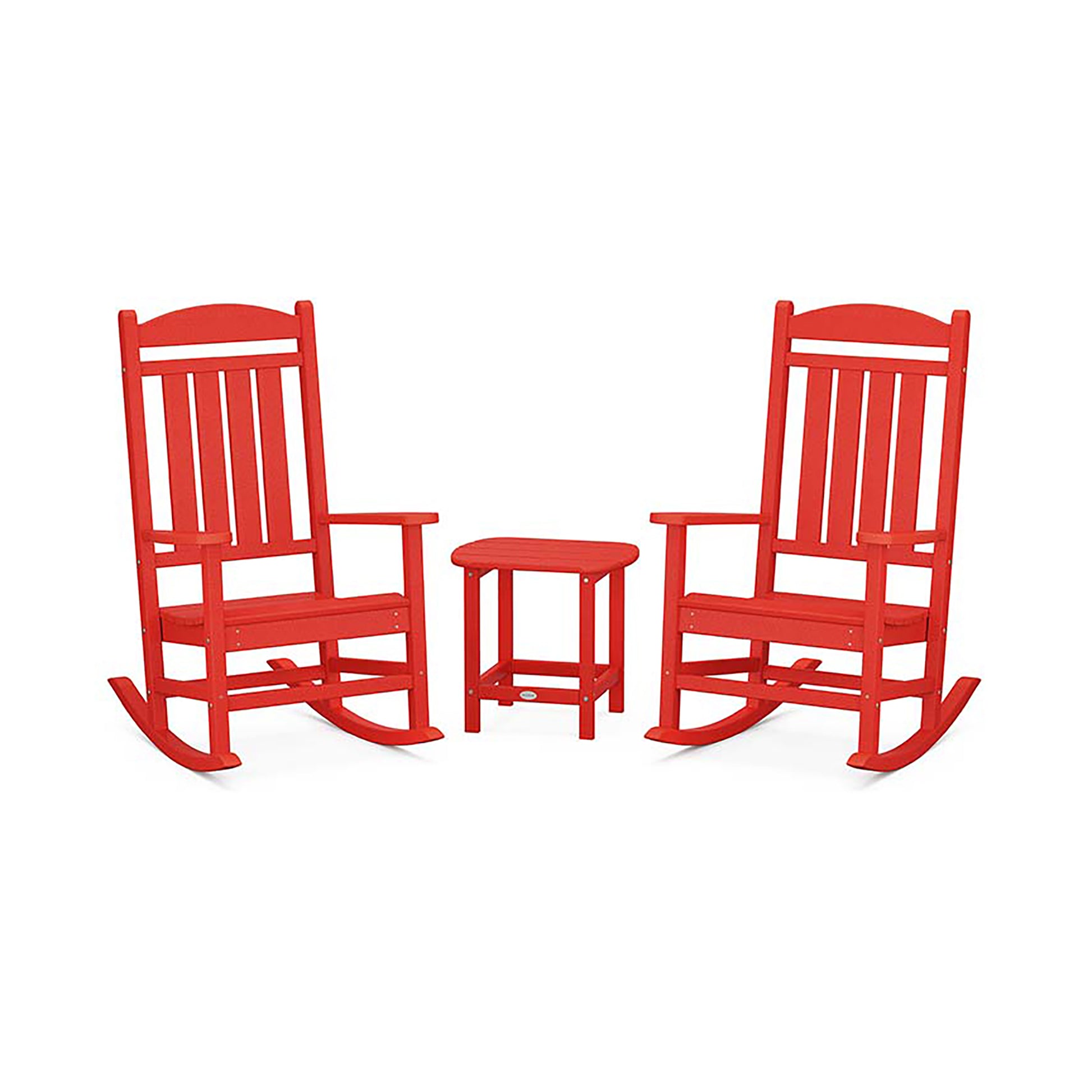 Two red POLYWOOD Presidential Outdoor Rocking Chairs facing each other with a small red stool in between, set against a plain white background.
