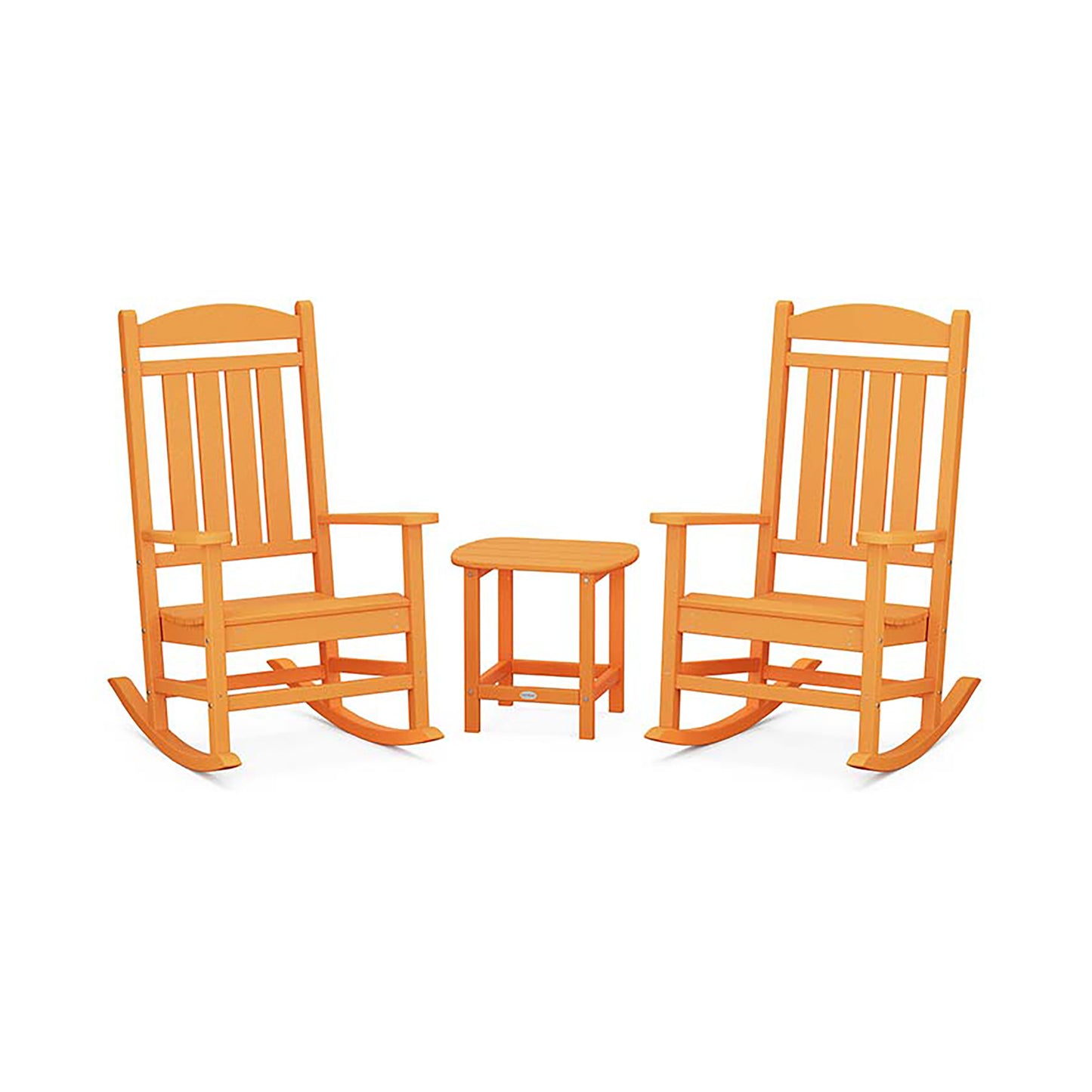 Two POLYWOOD Presidential Outdoor Rocking Chair 3-Piece Sets with a matching round stool, all in a bright orange finish, set against a plain white background.