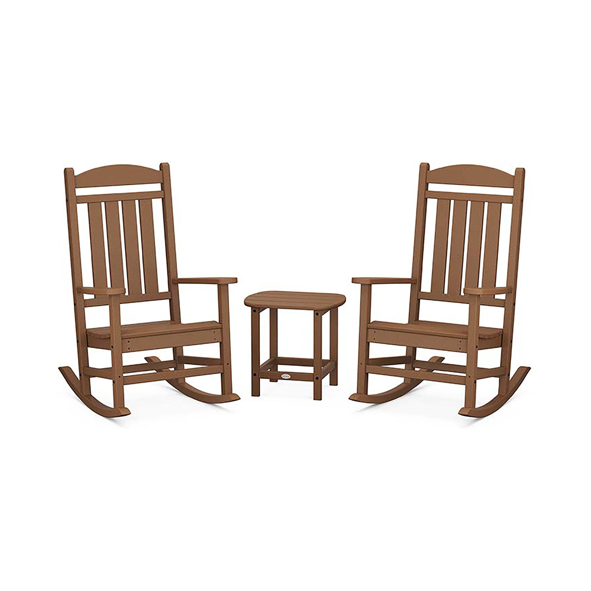 Two POLYWOOD Presidential Outdoor Rocking Chair 3-Piece Sets facing each other with a small round stool placed in between them, set against a plain white background.