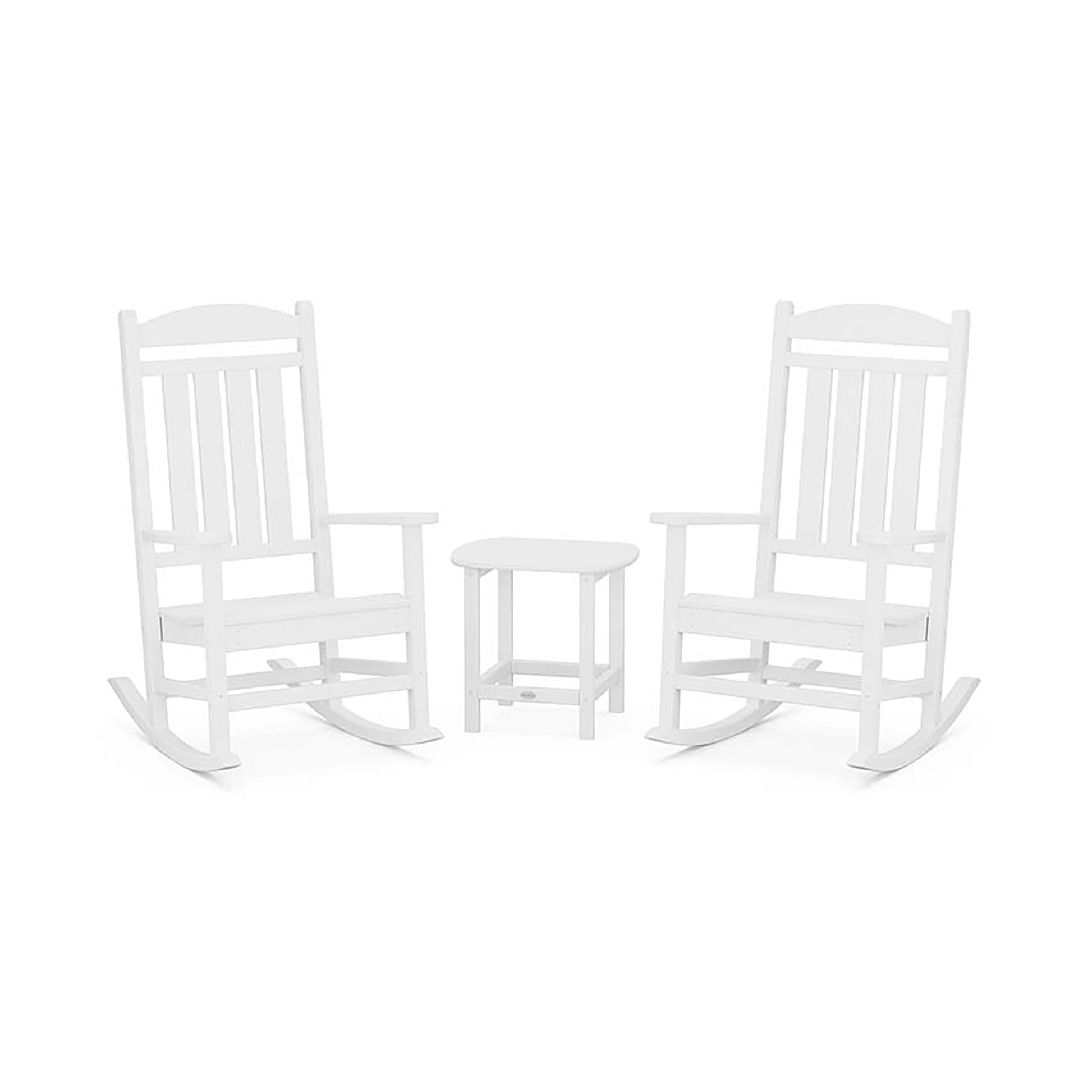 Two white POLYWOOD Presidential Outdoor Rocking Chair 3-Piece Sets facing each other with a small round table between them on a plain white background.