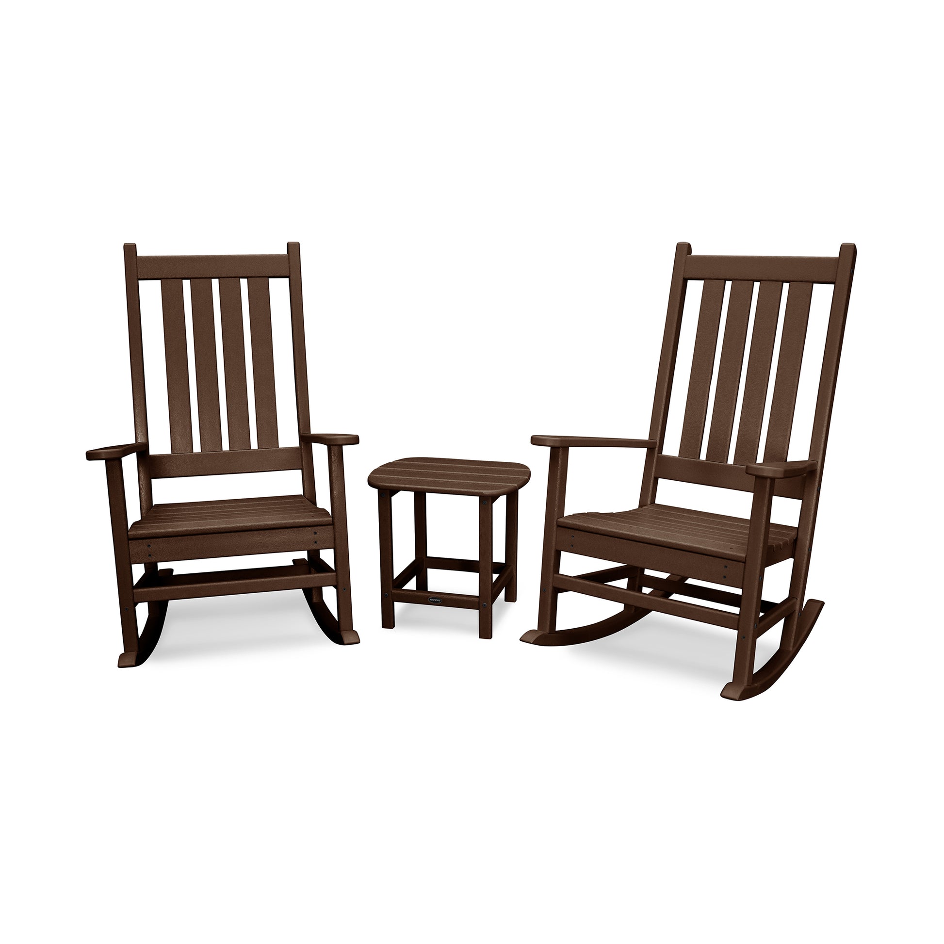 Two brown POLYWOOD® Vineyard 3-Piece Rocking Sets with a small matching side table, isolated on a white background. The furniture has a traditional slatted design.