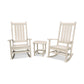 Two white POLYWOOD Vineyard 3-Piece Rocking Sets with vertical slats and a matching small side table, all set against a plain white background and assembled using marine-grade hardware.
