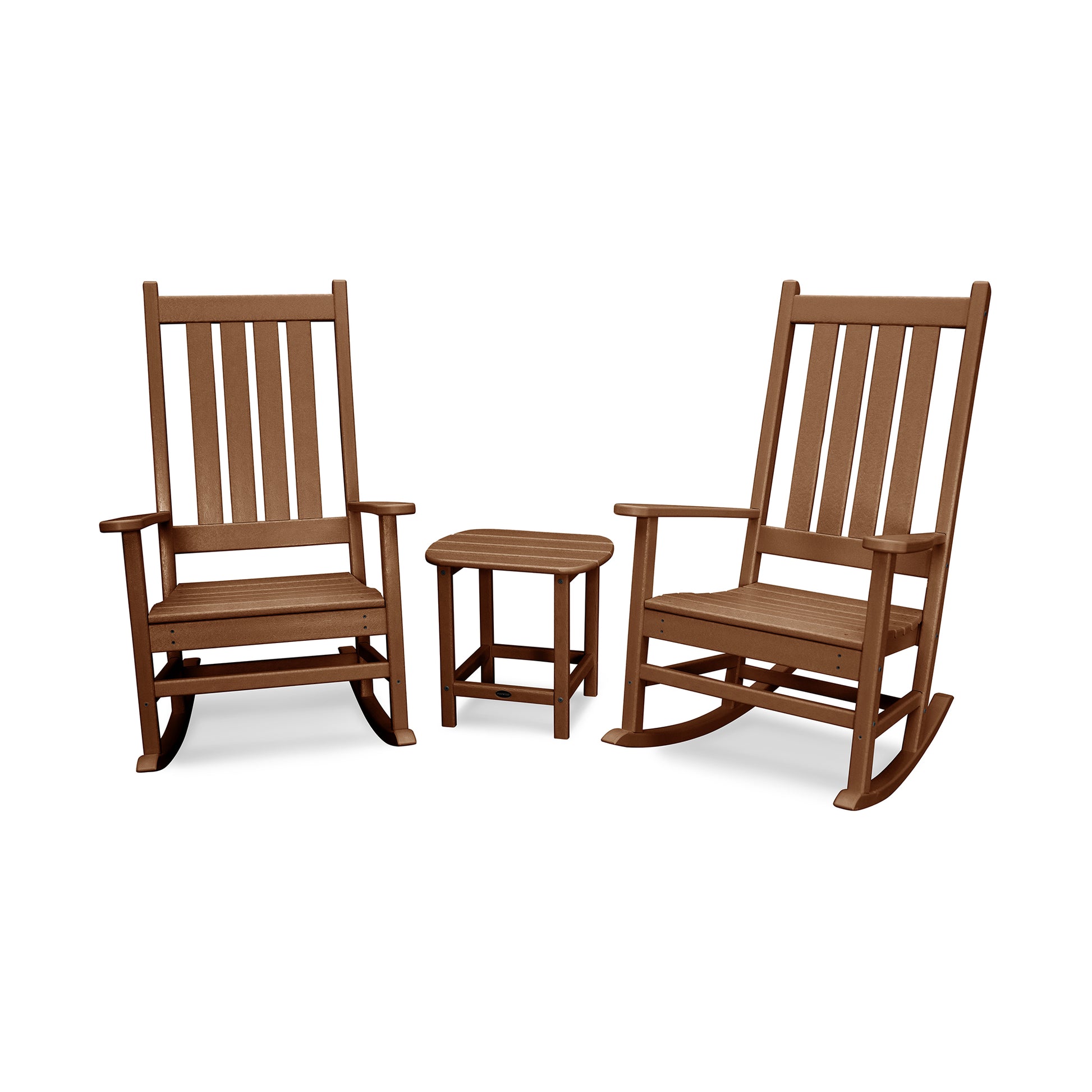 Two wooden rocking chairs and a matching small side table from the POLYWOOD Vineyard 3-Piece Rocking Set, set against a white background. The chairs have vertical slat backs and curved bases for rocking.