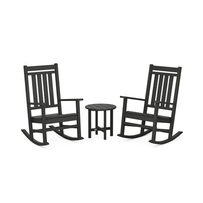 Two black POLYWOOD® Estate 3-Piece Rocking Chair Sets facing each other with a small round table between them, all set against a white background.