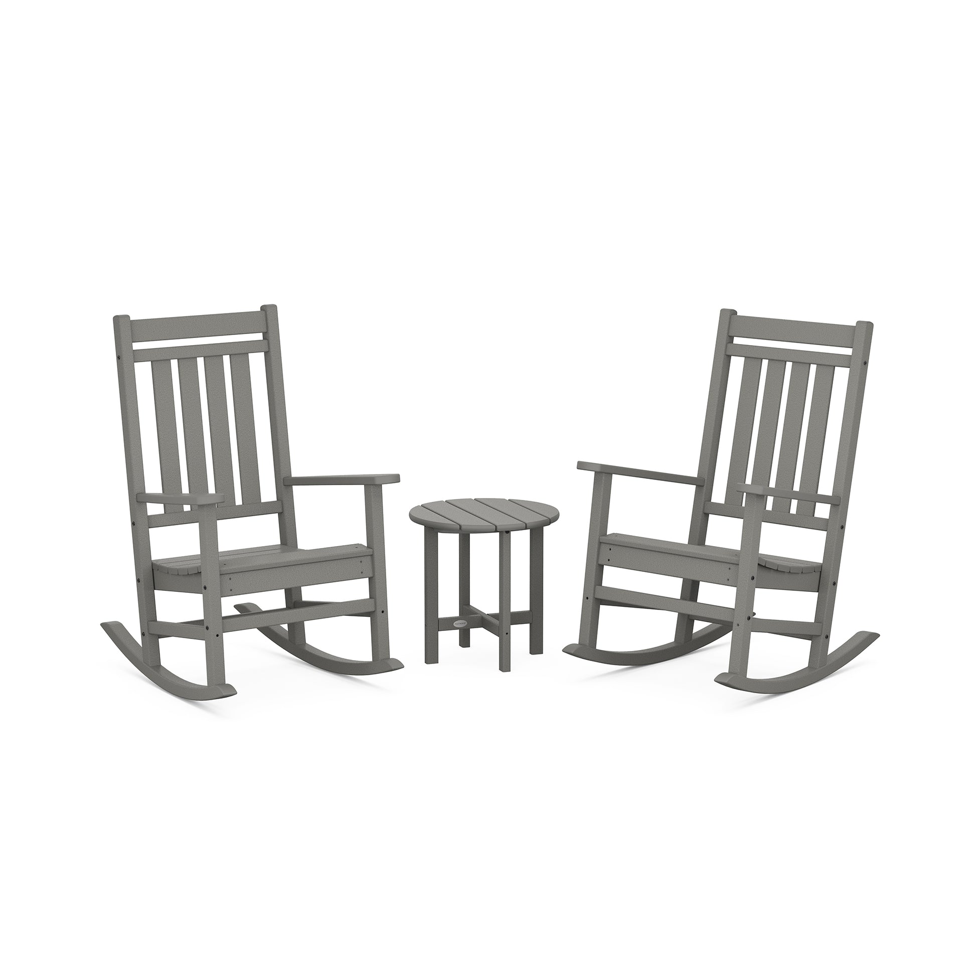 Two gray POLYWOOD Estate Rocking Chairs facing each other with a small matching side table in between, set against a plain white background.
