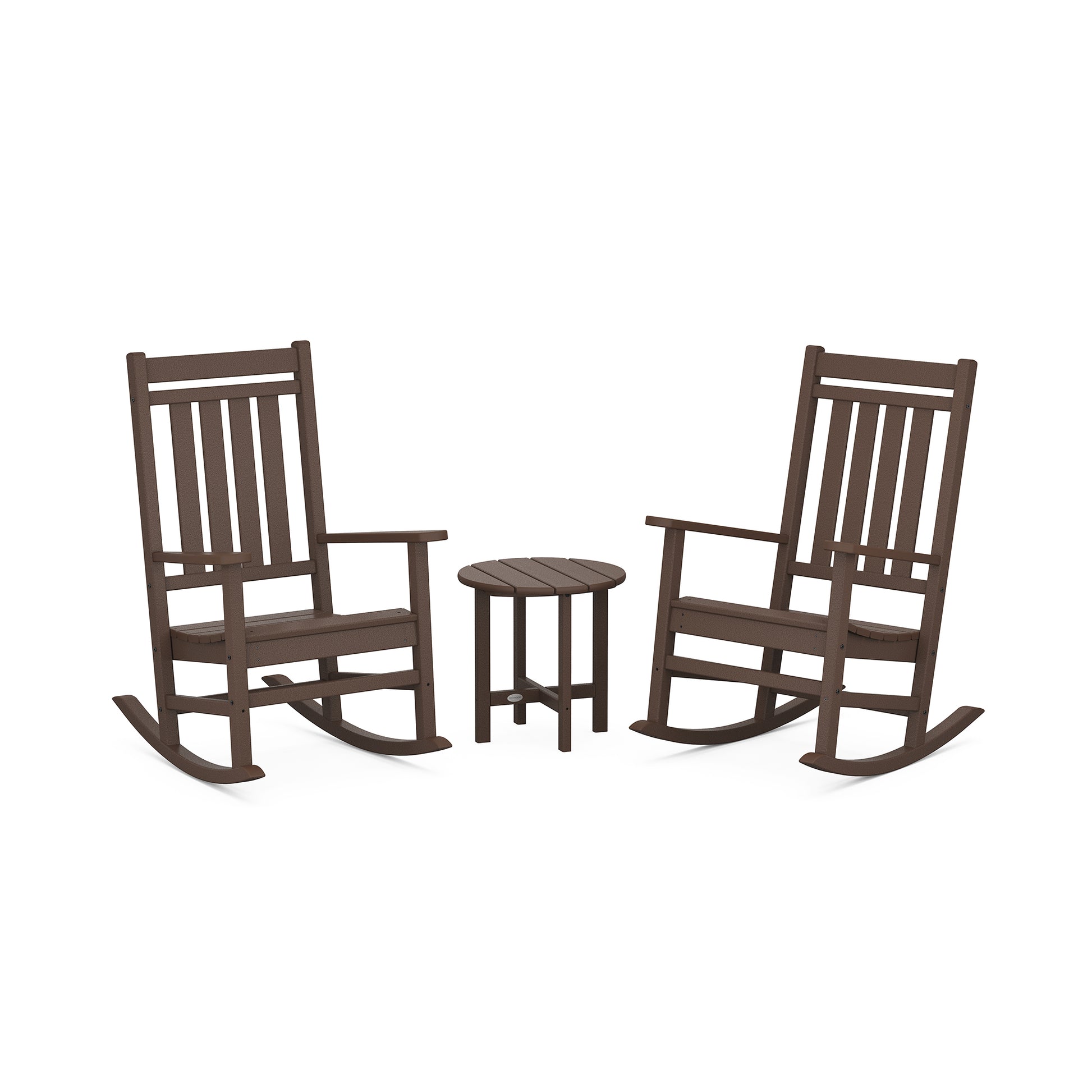 Two dark wooden POLYWOOD Estate 3-Piece Rocking Chair Sets facing each other with a small round matching table in between, all set against a plain white background.