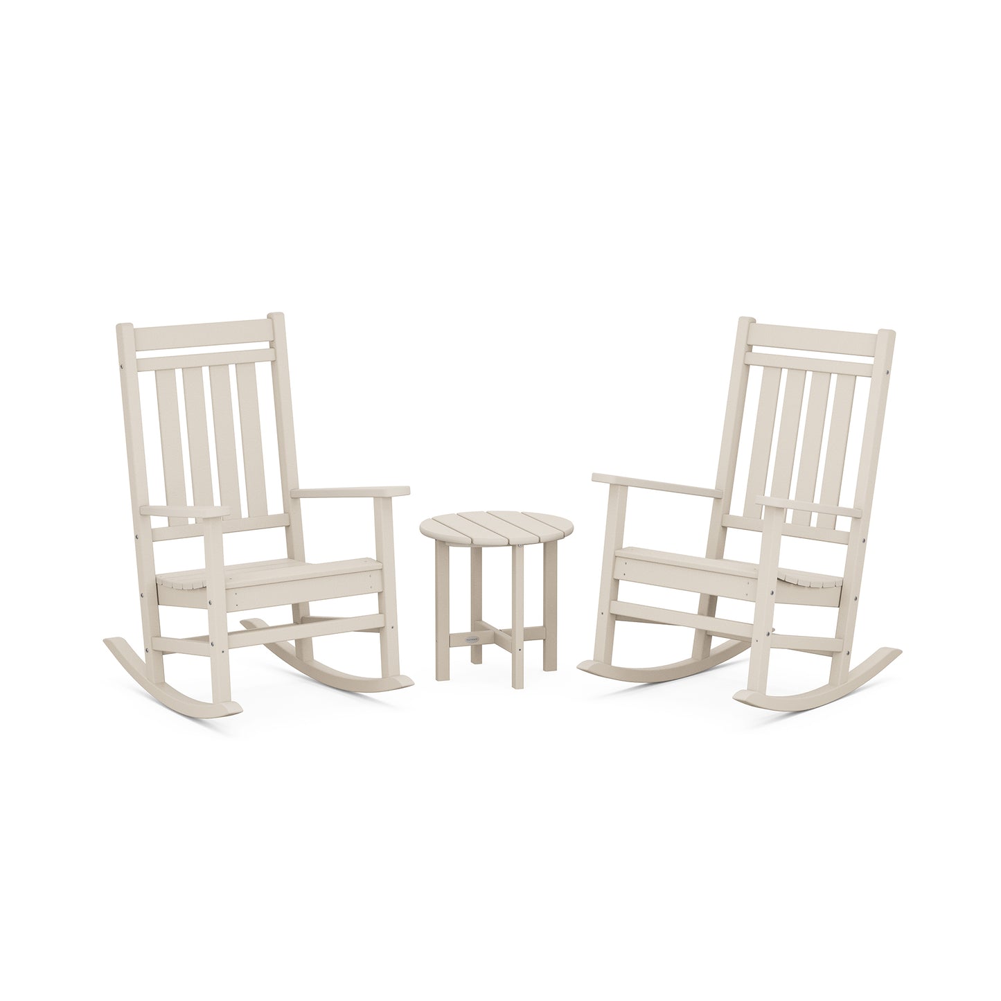 Two white POLYWOOD® Estate 3-Piece Rocking Chair Sets facing each other with a small round table between them, all placed on a white background.