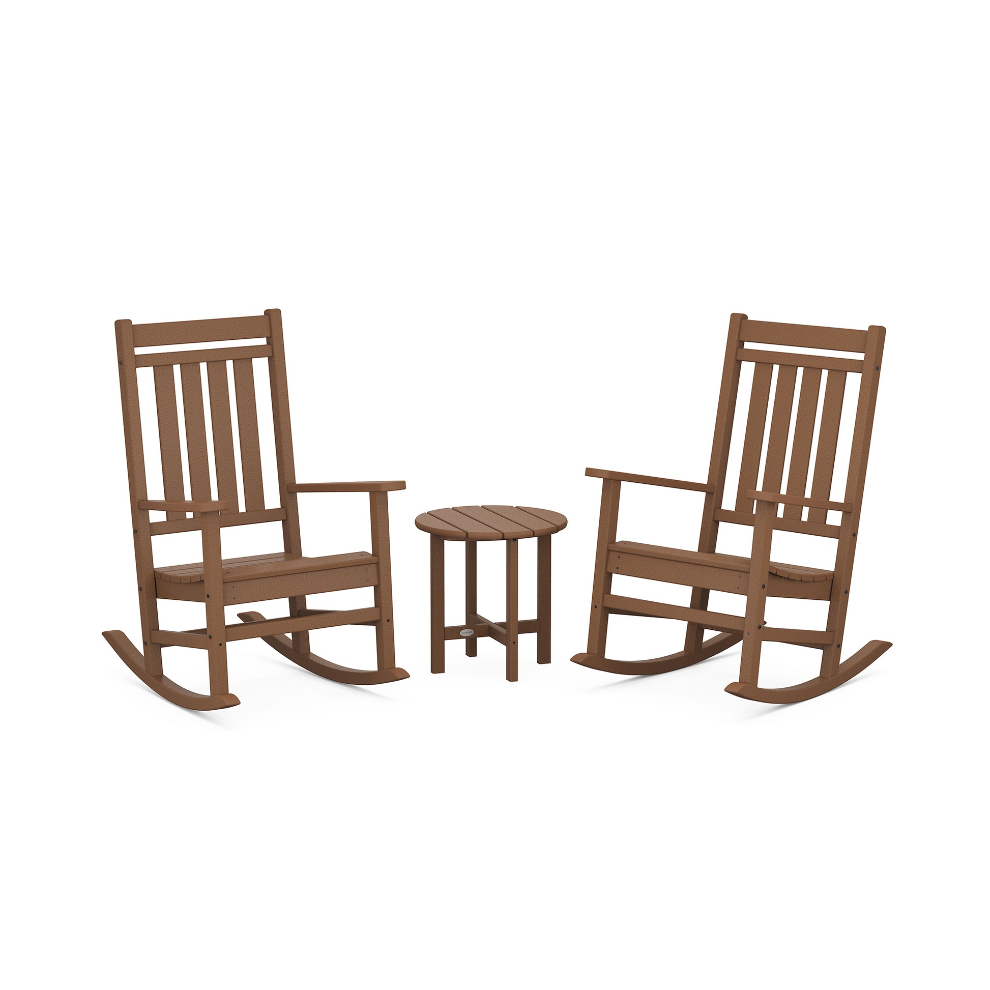 Two POLYWOOD Estate 3-Piece Rocking Chair Sets and a small round table positioned between them on a white background.