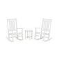 Two white POLYWOOD® Estate 3-Piece Rocking Chair Sets facing each other with a small round table in between, isolated on a white background.