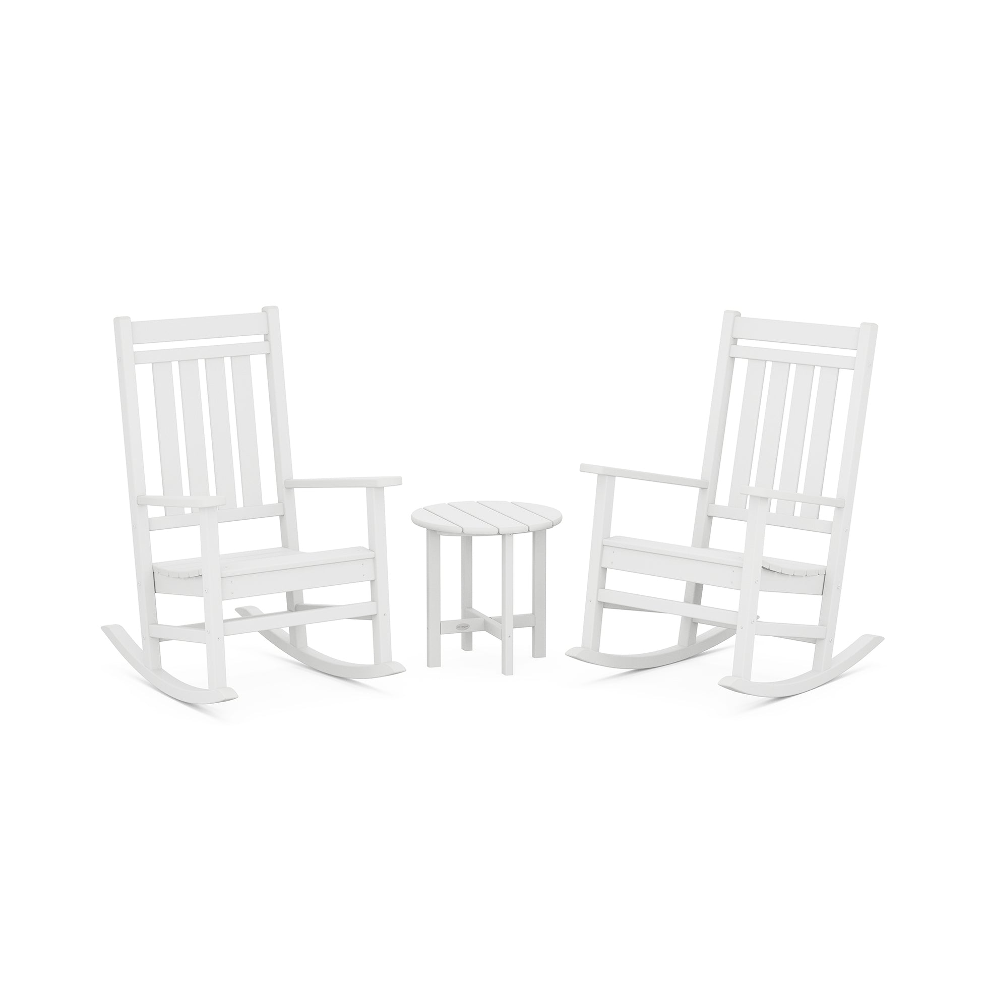 Two white POLYWOOD® Estate 3-Piece Rocking Chair Sets facing each other with a small round table in between, isolated on a white background.