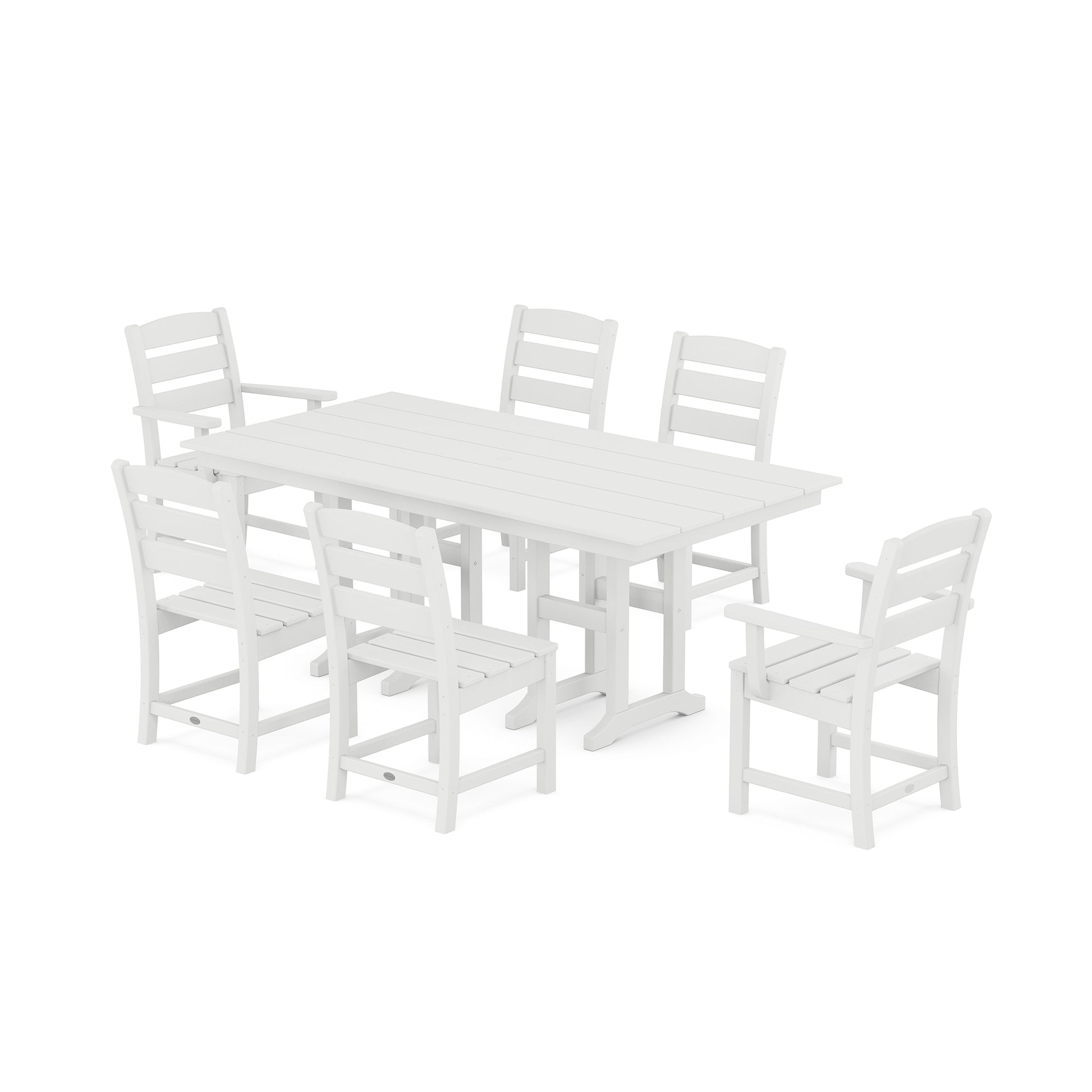 A white weather-resistant outdoor dining set consisting of a rectangular table and six matching chairs, all made of slatted plastic, isolated on a white background.