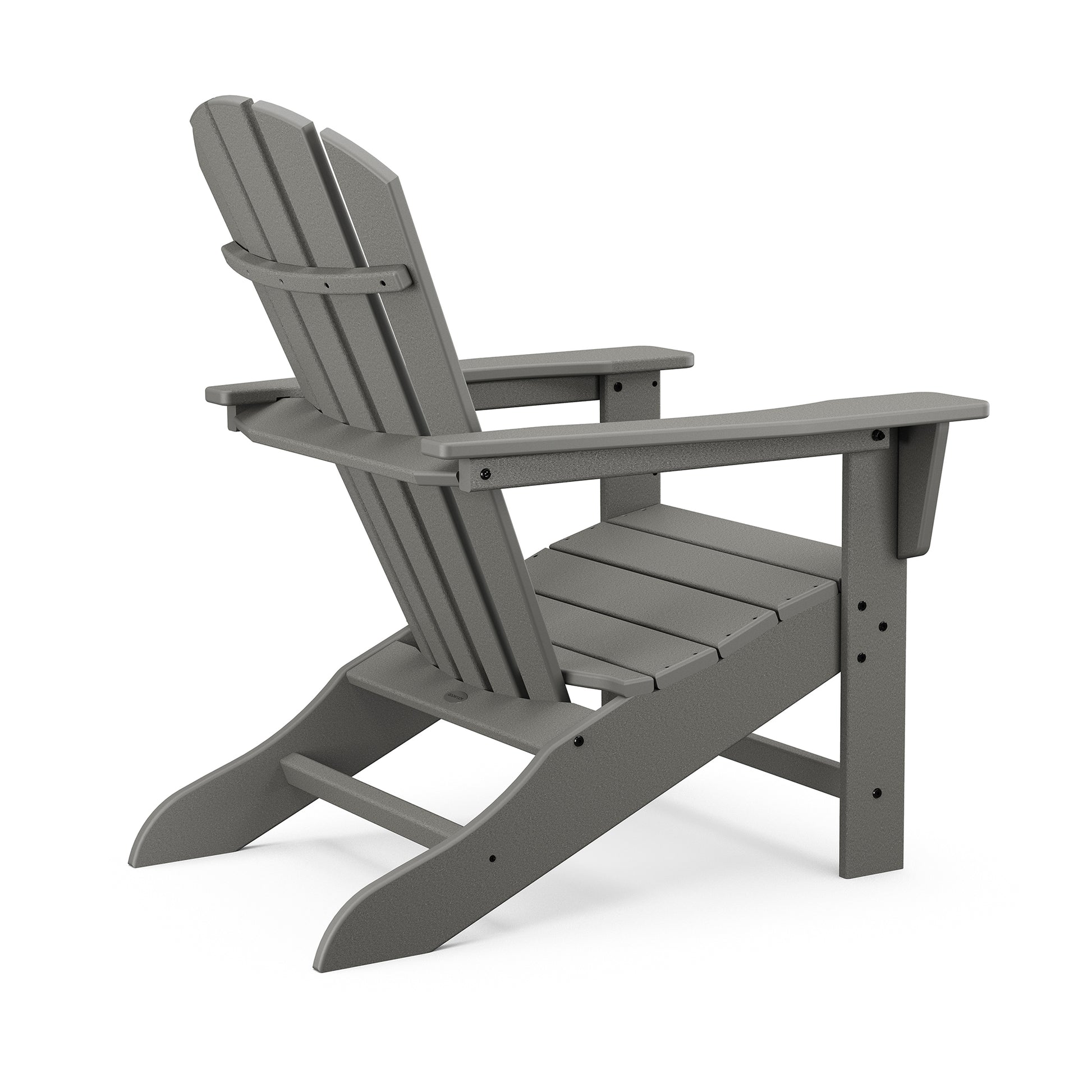 A gray outdoor POLYWOOD Palm Coast Adirondack rocking chair made of POLYWOOD®, featuring a high fanback design and wide armrests, shown on an isolated white background.