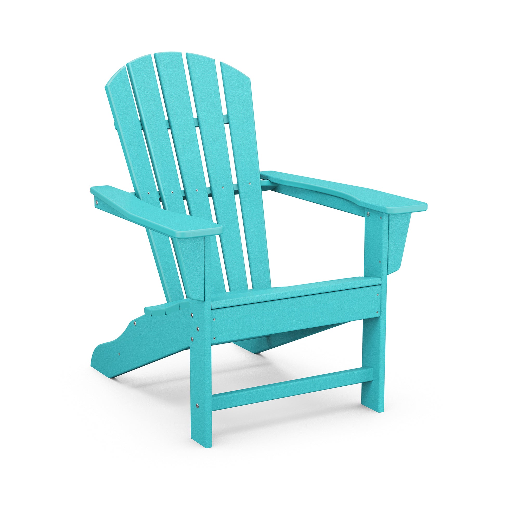 A vibrant turquoise POLYWOOD® Palm Coast Adirondack chair isolated on a white background, showcasing a traditional slatted design with wide armrests and a slightly reclined back.