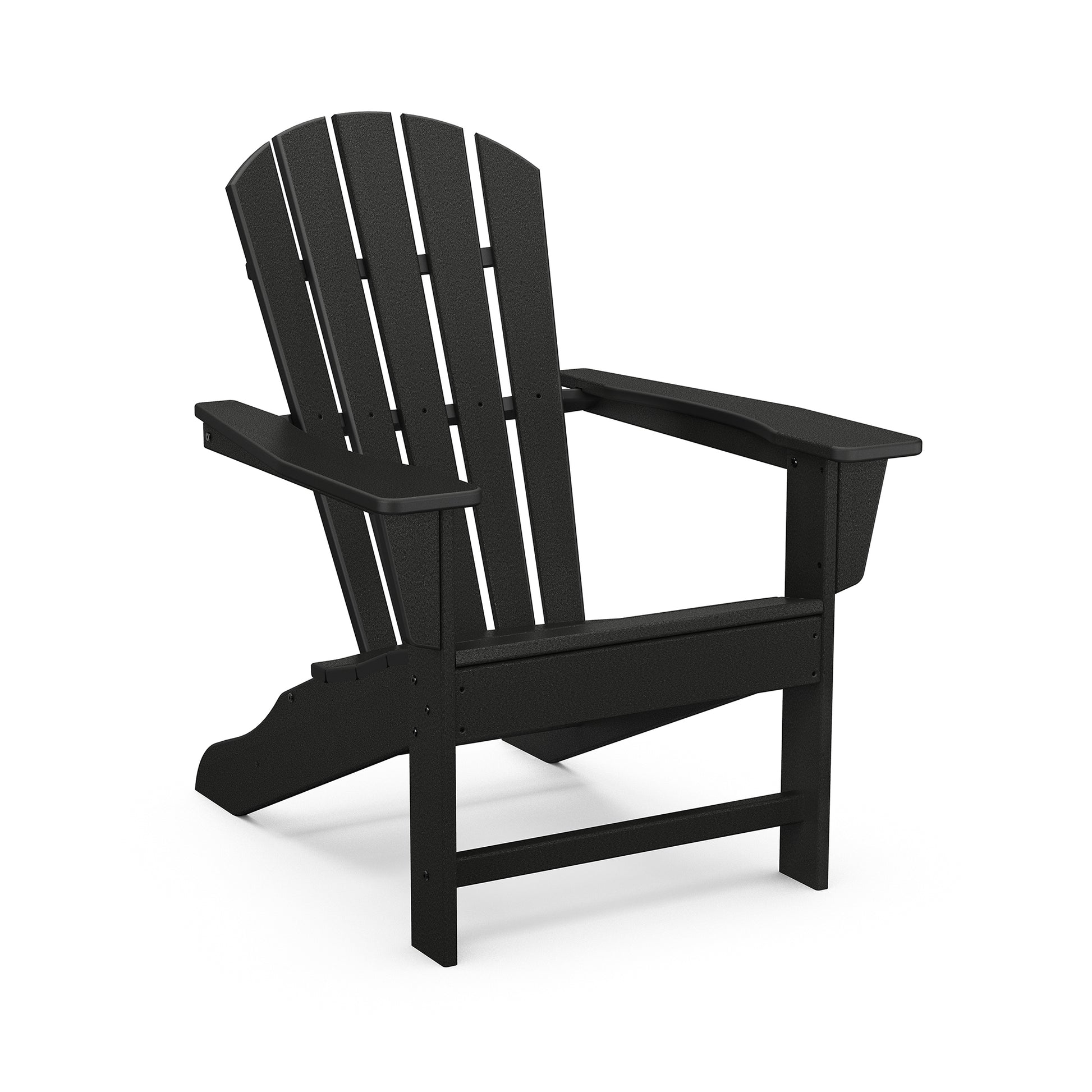 A black POLYWOOD® Palm Coast Adirondack chair made of synthetic materials, featuring a high back and wide armrests, isolated on a white background.