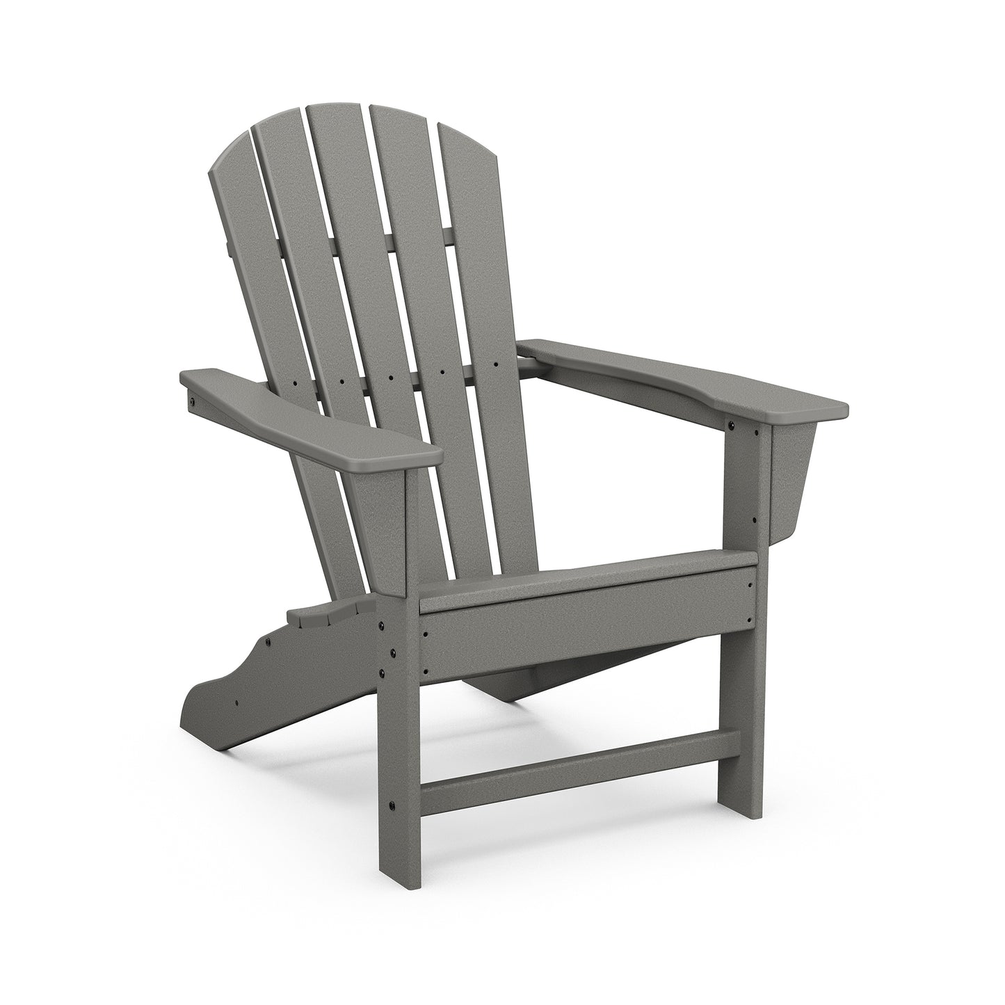 A grey POLYWOOD® Palm Coast Adirondack chair made of plastic, isolated on a white background with a slight shadow beneath showing its sturdy and ergonomic design.