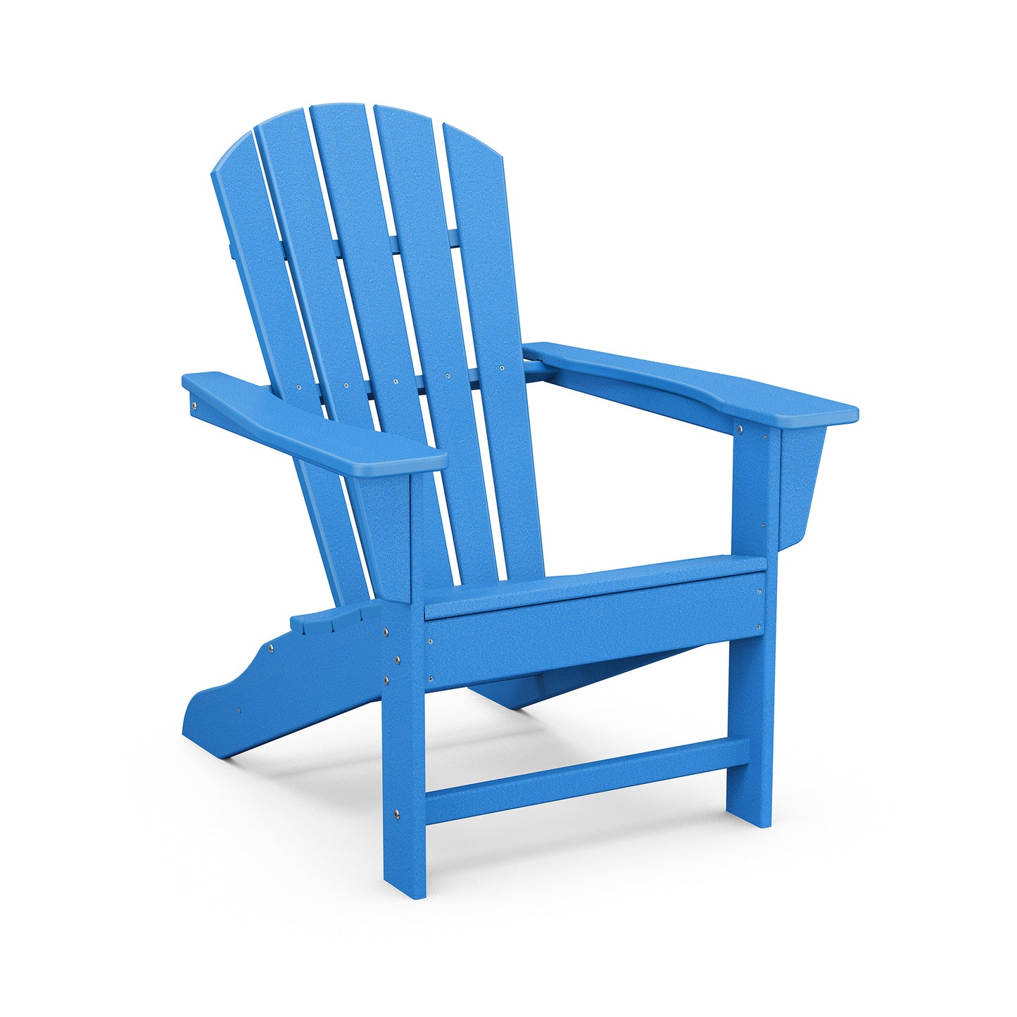 A vibrant blue POLYWOOD® Palm Coast Adirondack chair isolated on a white background, viewed from a slight angle showing its slatted back and wide armrests.