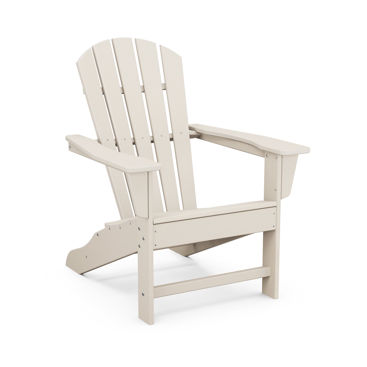 A classic beige outdoor POLYWOOD Palm Coast Adirondack chair made of plastic, shown isolated on a white background. The chair features a slatted back and seat with wide armrests.