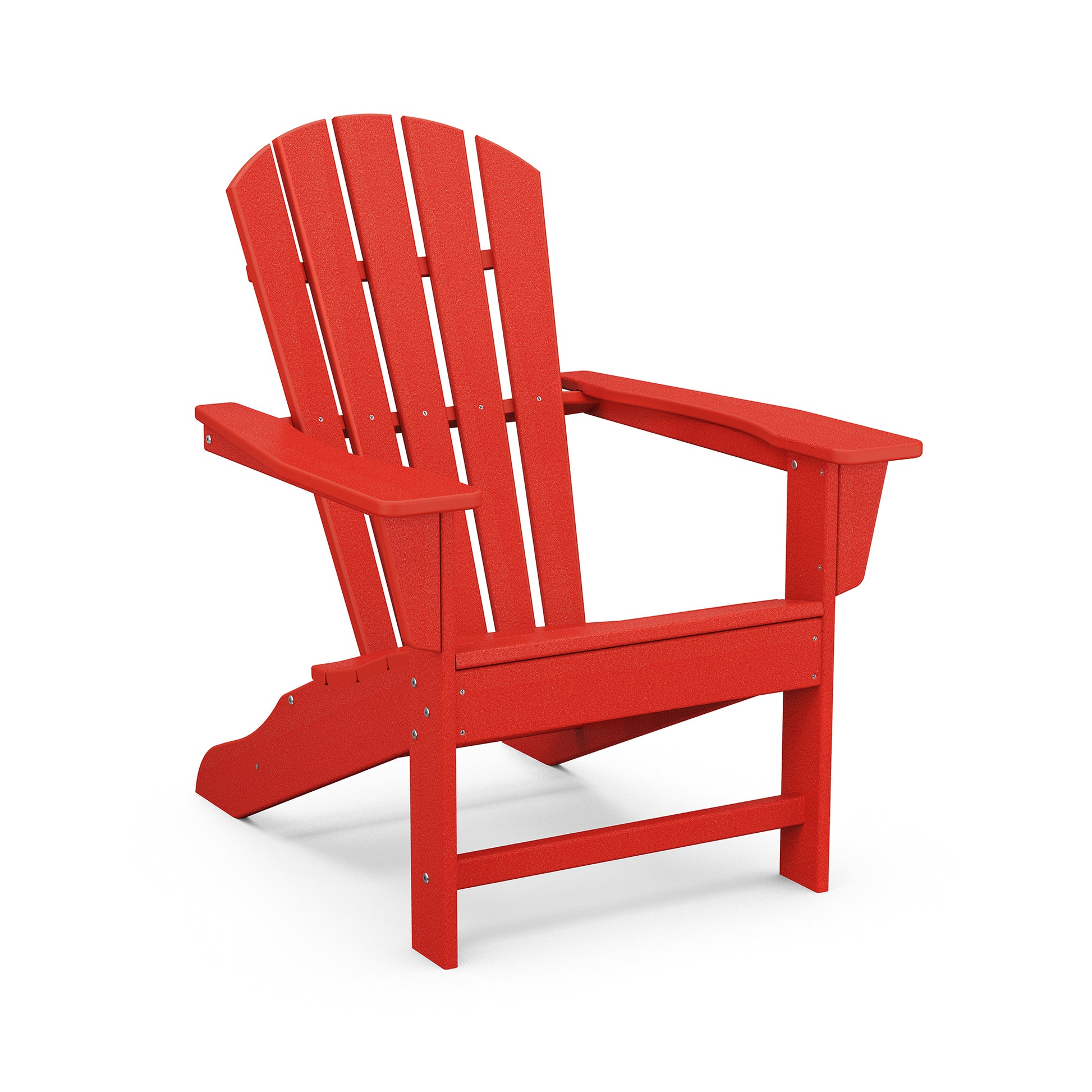 A bright red POLYWOOD® Palm Coast Adirondack chair isolated on a white background, featuring a slatted design and a slightly reclined backrest.