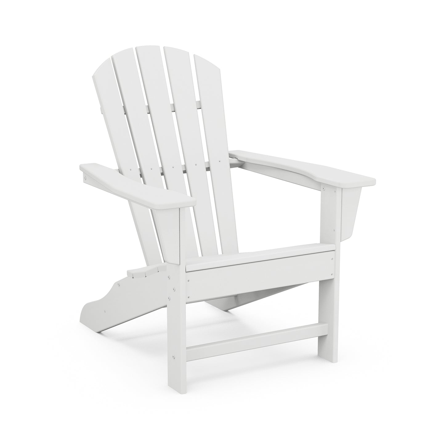 A POLYWOOD Palm Coast Adirondack Chair made of plastic, featuring a slightly reclined back and wide armrests, isolated on a plain white background.