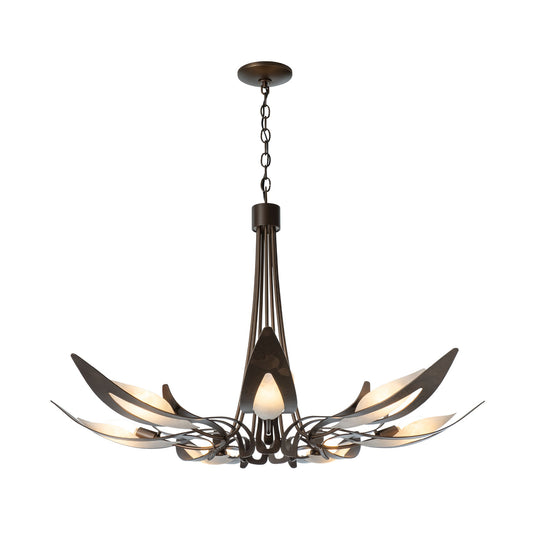Parasol 7-Light Chandelier by Hubbardton Forge with hand-forged steel arms, stylized leaf lights, and a bronze finish, showcasing elegant American craftsmanship.