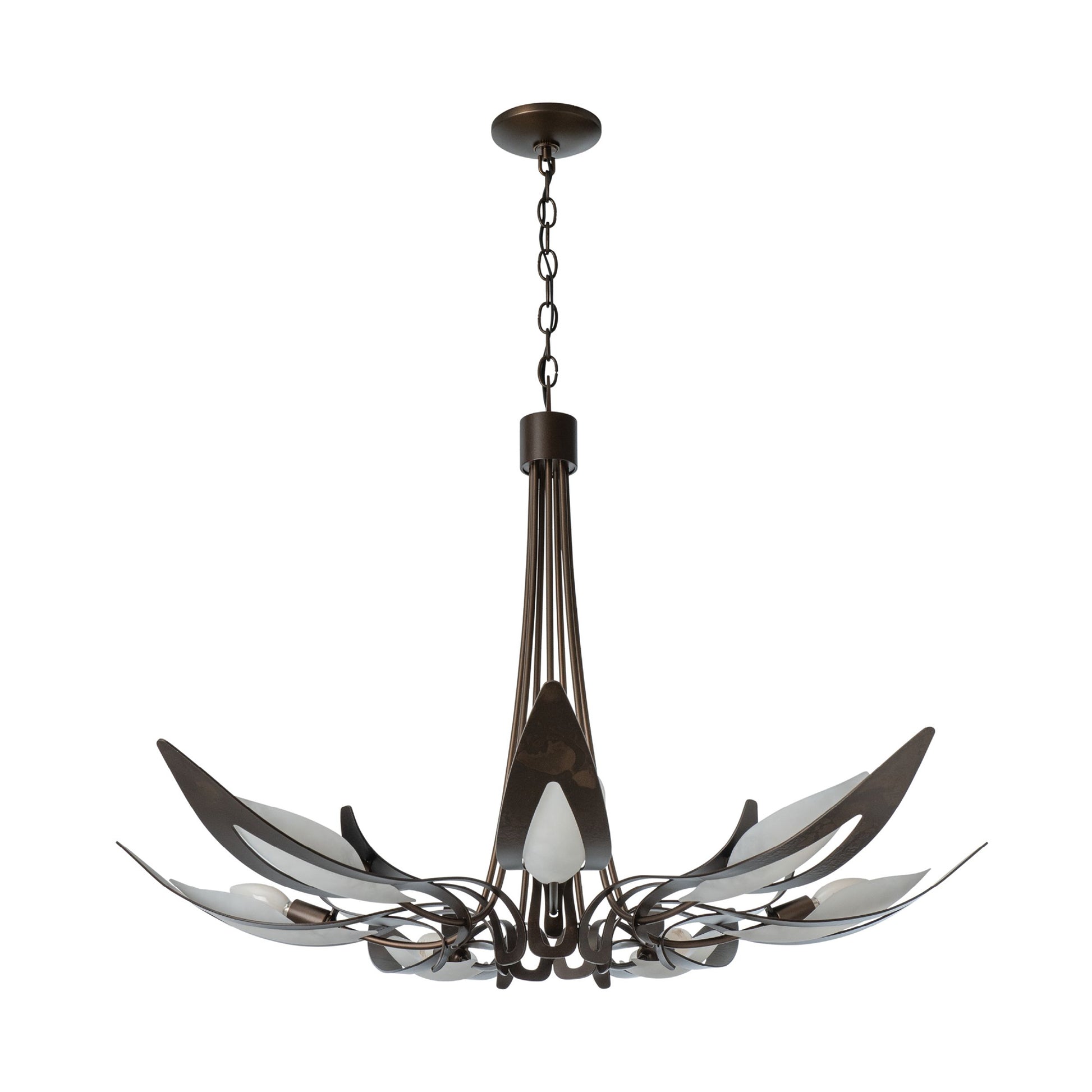 Hubbardton Forge Parasol 7-Light Chandelier with hand-forged steel arms and petal-shaped white glass shades, highlighting artisan craftsmanship.